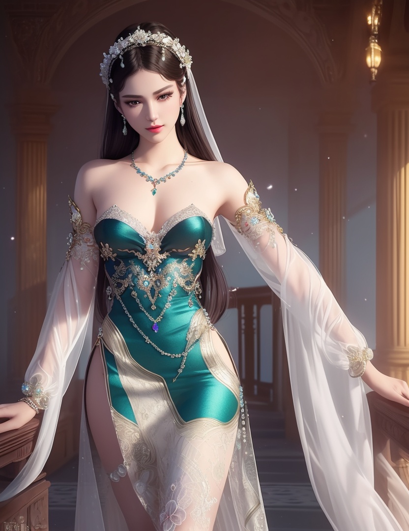 ultra realistic 8k cg, picture-perfect face, flawless, clean, masterpiece, professional artwork, famous artwork, cinematic lighting, cinematic bloom, perfect face, beautiful face, fantasy, dreamlike, unreal, science fiction,  beautiful clothes, lace, lace trim, lace-trimmed legwear,  (rich:1.4), prestige, luxury, jewelry, diamond, gold, pearl, gem, sapphire, ruby, emerald, intricate detail, delicate pattern, charming, alluring, seductive, erotic, enchanting, hair ornament, necklace, earrings, bracelet, armlet,halo((,1girl, pov,))(((,  1girl,  solo,looking at viewer, ))),(((1girl, solo, dress, jewelry)))<lora:DA_WhiteSnakeGreenSnake:0.7>