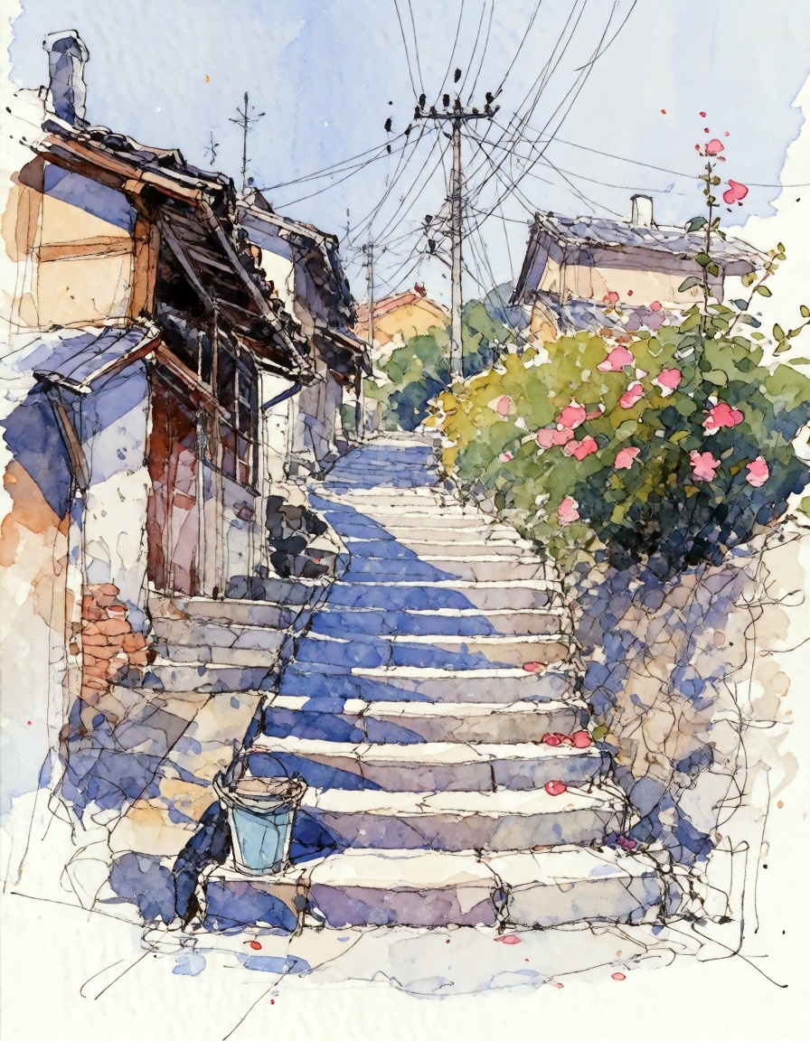 A beautiful watercolor and ink urban sketch looking up a steep stone staircase in a quiet residential alley. Sunlit stairs...