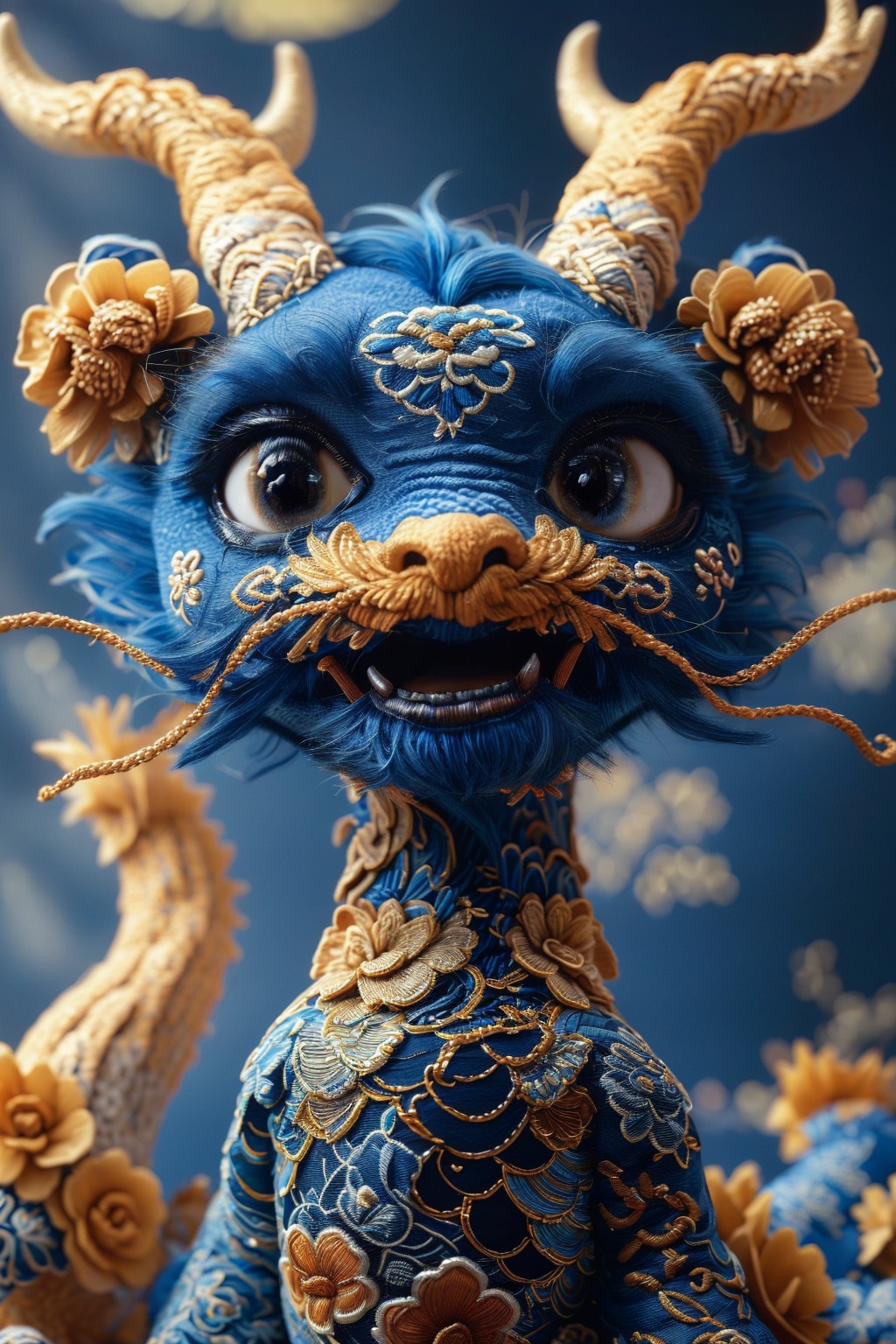 a blue and gold image of a Chinese Loong, realistic fine details, Chinese embroidery, horns, no humans, looking at viewer, open mouth, red eyes