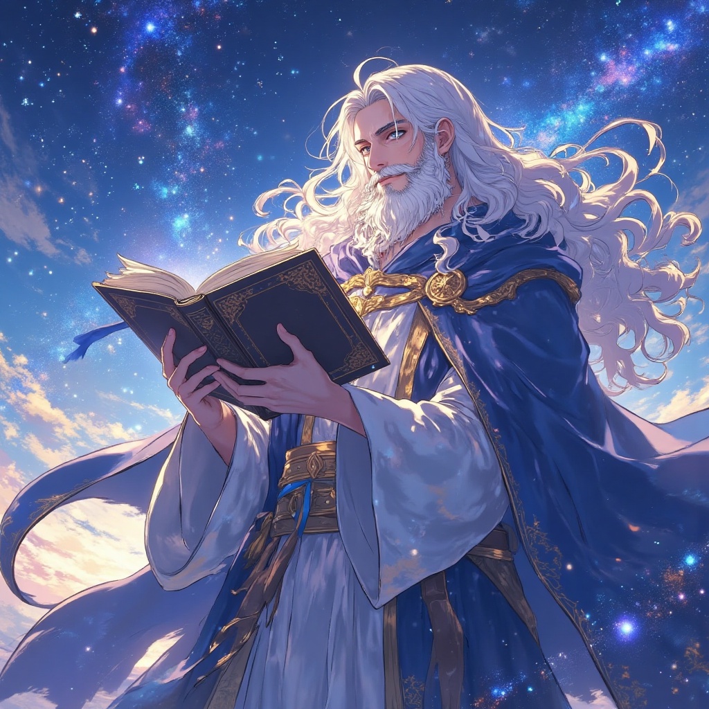 1boy, male focus, white hair, book, solo, long hair, robe, facial hair, beard, sky, holding, star (sky), wizard, standing, wide sleeves, holding book, open book, cape