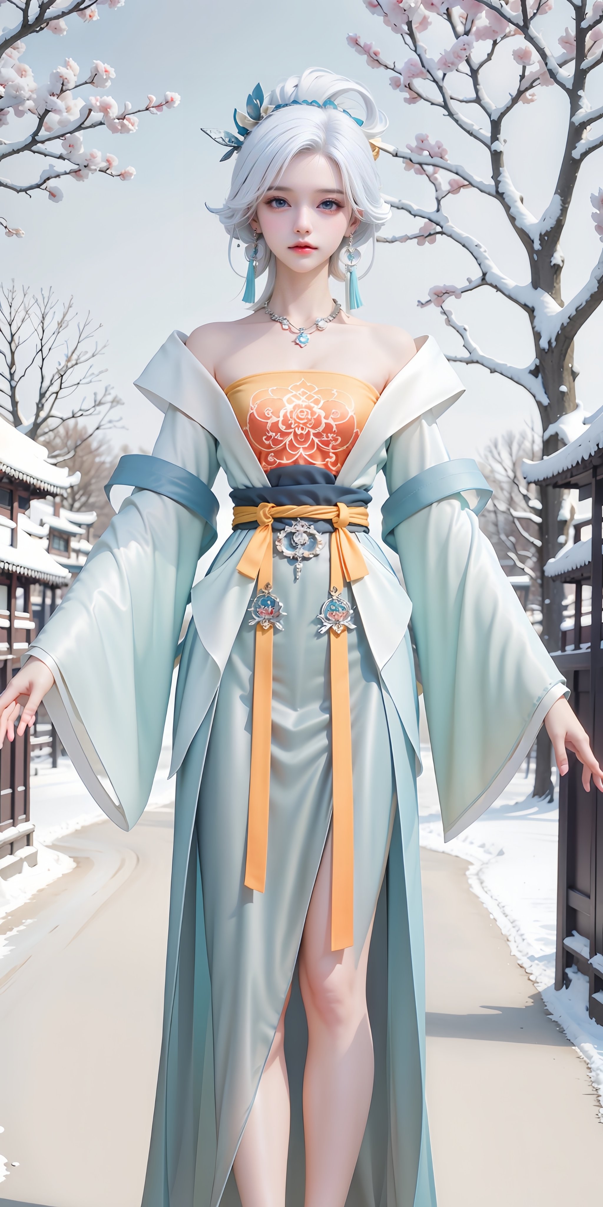 <lora:MY_20240109230808:0.75>,MY,1girl,solo,jewelry,hanfu,white background,hair stick,necklace,blue eyes,hair ornament,chinese clothes,white hair,looking at viewer,earrings,dress,bare shoulders,long sleeves,wide sleeves,tree,scenery,outdoors,east asian architecture,snow,shrine,winter,plum_blossom,shimenawa,, (raw photo:1.2),((photorealistic:1.4))best quality,masterpiece,illustration,an extremely delicate and beautiful,extremely detailed,CG,unity,8k wallpaper,Amazing,finely detail,masterpiece,best quality,official art,extremely detailed CG unity 8k wallpaper,absurdres,incredibly absurdres,huge filesize,ultra-detailed,highres,extremely detailed,beautiful detailed girl,cinematic lighting,1girl,pale skin,tall female,(perfect body shape),skinny body,Slender legs,