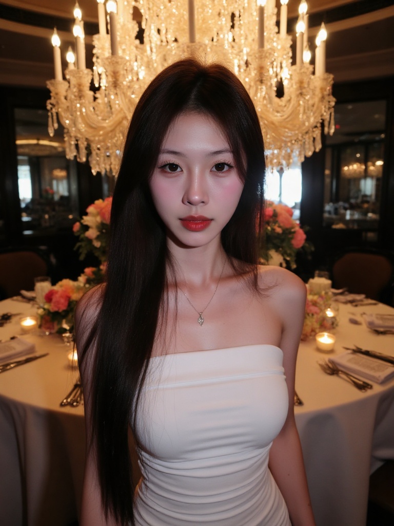 Photograph of an Asian woman with long, straight black hair, wearing a strapless white dress, standing in an elegant, dimly lit restaurant with a grand chandelier, candles, and floral arrangements. She has fairskin, red lipstick, and a delicate necklace.