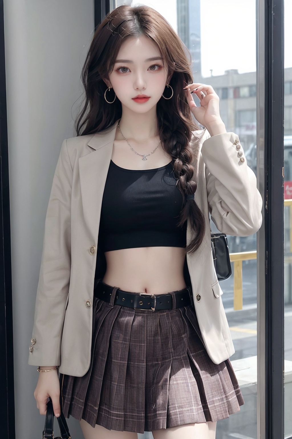 1girl, belt, bracelet, braid, breasts, earrings, jacket, jewelry, long hair, looking at viewer, midriff, nail polish, necklace, open clothes, plaid, plaid skirt, ring, skirt, solo  <lora:jk美女:0.66>