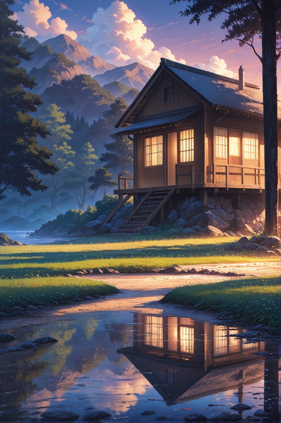 A mystical anime lakeside at twilight,  featuring a cozy wooden cabin surrounded by glowing fireflies and towering pine tr...