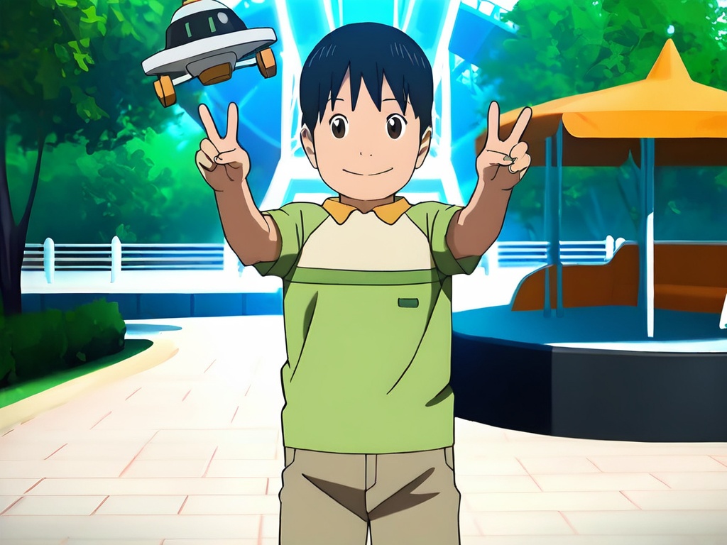 <lora:Yuki_XL:1>,best quality,best detail,masterpiece,amusement park,solo,1boy,toddler,green short sleeve,shorts,petite,thin eyebrows,short hair,black hair,brown eyes,perfect correct eyes,standing,smile,v,((perfect hands,5fingers:1.2)),correct anatomy,drone,chromatic_aberration,front view,mid_shot,(realistic:1.1),available light,huge filesize,