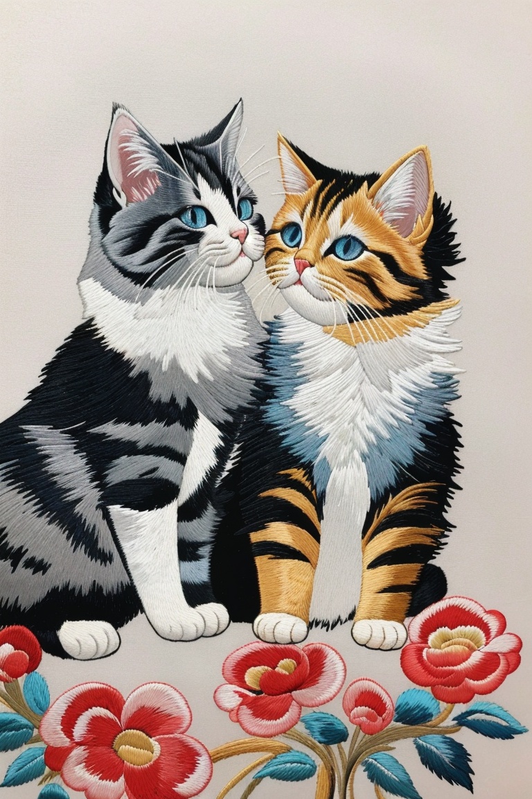 ((HRD, HUD, 8K)),((masterpiece, best quality)), highly detailed,Embroidery, no humans, flower, cat, animal focus, blue eyes, animal, traditional media, red flower, grey background, looking at another,  <lora:20240520-1716211516835:0.7>