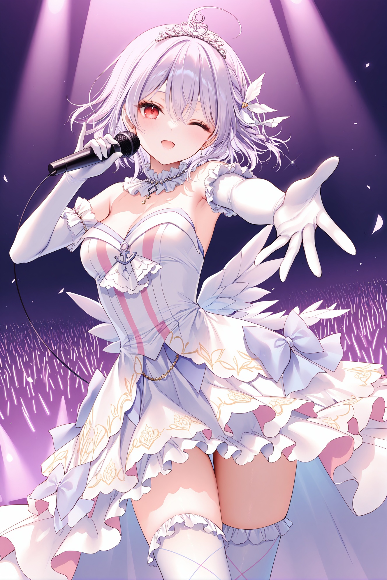 masterpiece, best quality, newest, absurdres, highres,(toosaka asagi: 0.5),(hiten \(hitenkei\):0.4),(rimuu:0.5),(mignon:0.5),(sheya:0.6),light smile,open mouth, one eye closed,  asukaminato, red eyes, braid,light purple hair, short hair, ahoge,  aquaidol, white thighhighs, frilled dress, two-tone dress, print thighhighs, frilled thighhighs,elbow gloves,tiara,cowboy shot, standing,outstretched hand, arm up,stage,   holding microphone, pointing at viewer, <lora:AsukaXLNAI:1>,<lora:aquaidolXLNAI:1>