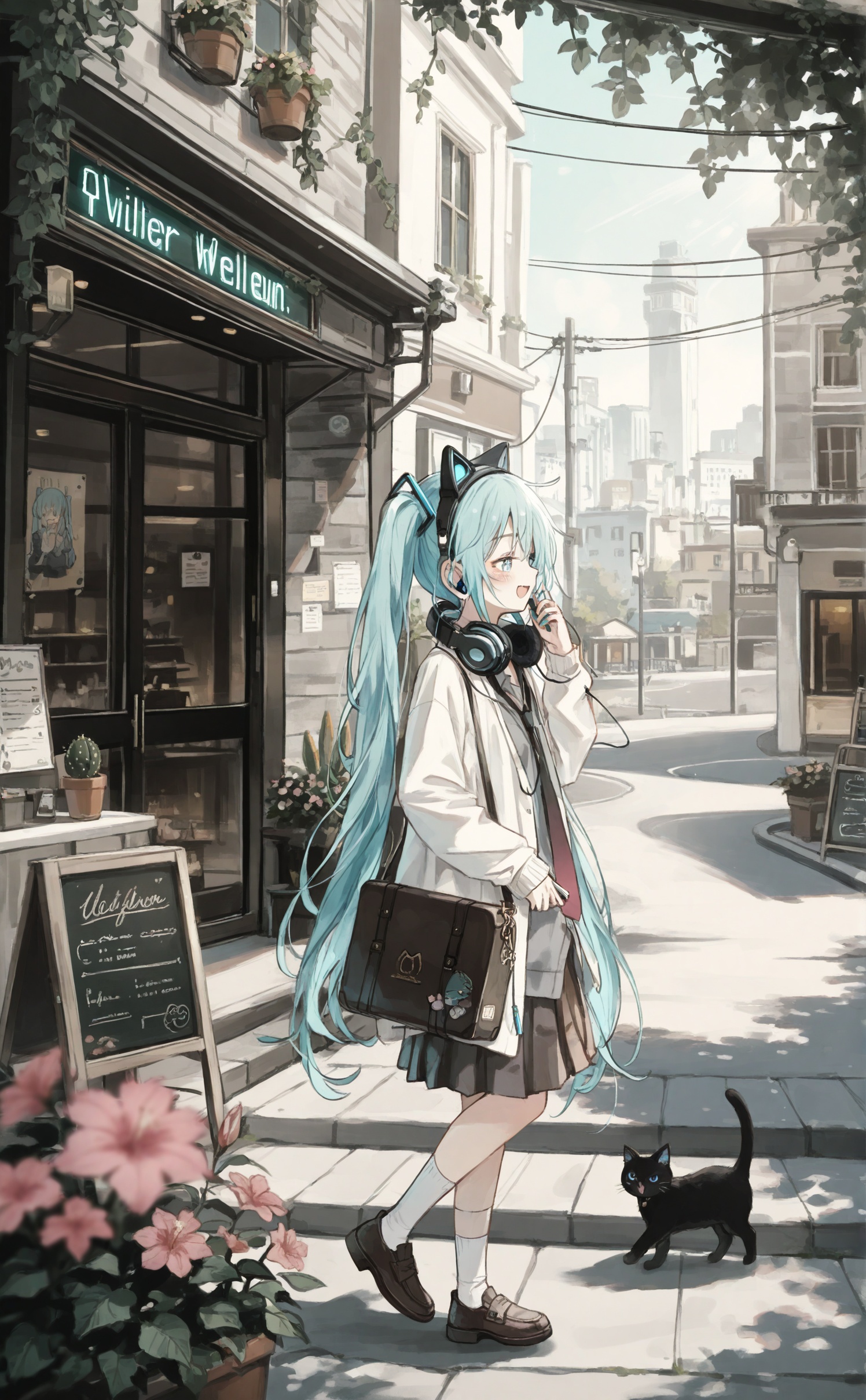 masterpiece,absurdres,best quality,loli,petite,high quality,chromatic_aberration,//,1girl,hatsune miku,long hair,cat,instrument case,plant,potted plant,black cat,twintails,guitar case,skirt,socks,solo,scenery,wide shot,outdoors,very long hair,walking,headphones,aqua hair,window,holding,shirt,sign,building,door,shoes,street,white shirt,white socks,day,flower pot,headphones around neck,sidewalk,shop,sunlight,utility pole,phone,long sleeves,black footwear,storefront,animal,long skirt,holding phone,cafe,from side,road,cactus,blurry,aqua eyes,overgrown,grey skirt,listening to music,ivy,open mouth,air conditioner,hanging plant,smile,vines,profile,closed eyes,road sign,talking on phone,standing,blurry foreground,jacket,crosswalk,bag,blue hair,depth of field,cardigan,guitar,blue eyes,city,black skirt,kneehighs,poster (object),loafers,curtains,white jacket,cellphone,brown skirt,power lines,open clothes,house,necktie,earphones,shadow,yawning,blush,english text,instrument,full body,tree,hand up,vanishing point,spring onion,dappled sunlight,smartphone,menu board,closed mouth,stairs,casual,alternate costume,collared shirt,cable,flower,brown footwear,bush,grey shirt,pleated skirt,<lora:Nano_渡コキュー:0.8>,