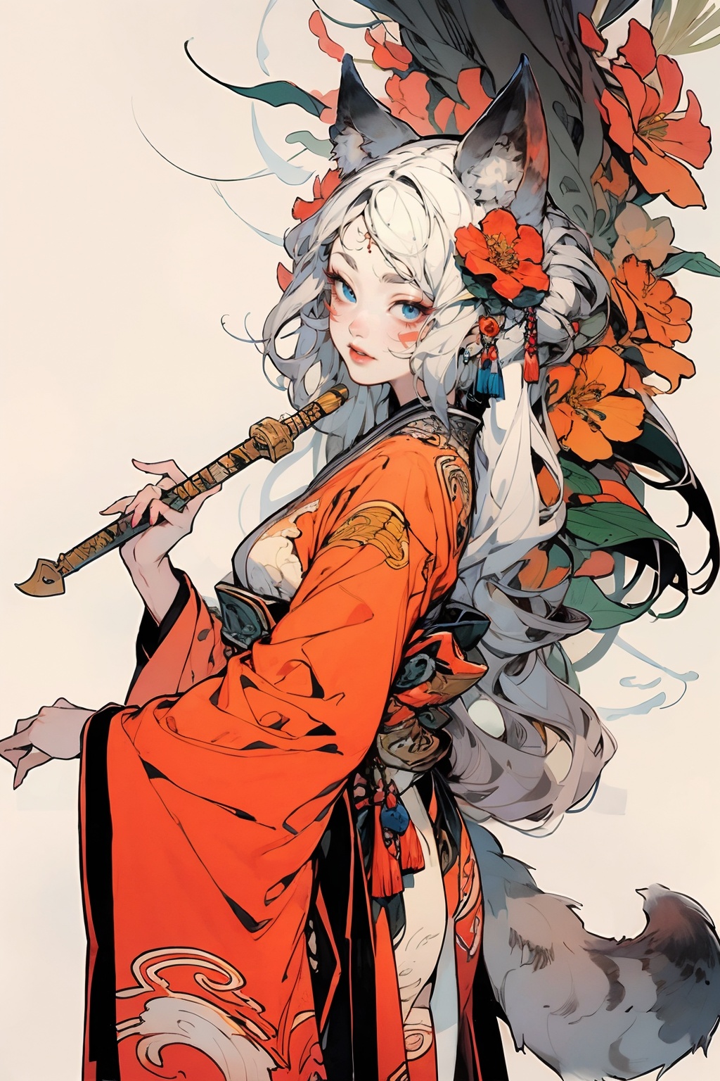 (masterpiece:1.2),best quality,highres,extremely detailed CG,perfect lighting,8k wallpaper,anime,comic,game CG,1girl,animal ears,solo,tail,blue eyes,hair ornament,looking at viewer,chinese clothing,hanfu,hair flower,fox tail,fox ears,flower,simple background,facial mark,long sleeves,upper body,hand up,spot color,whisker markings,wide sleeves,from side,tassel,closed mouth,animal ear fluff,blush,hand on own chin,bangs,white kimono,sash,parted lips,<lora:FF_20231230024508-000005>,