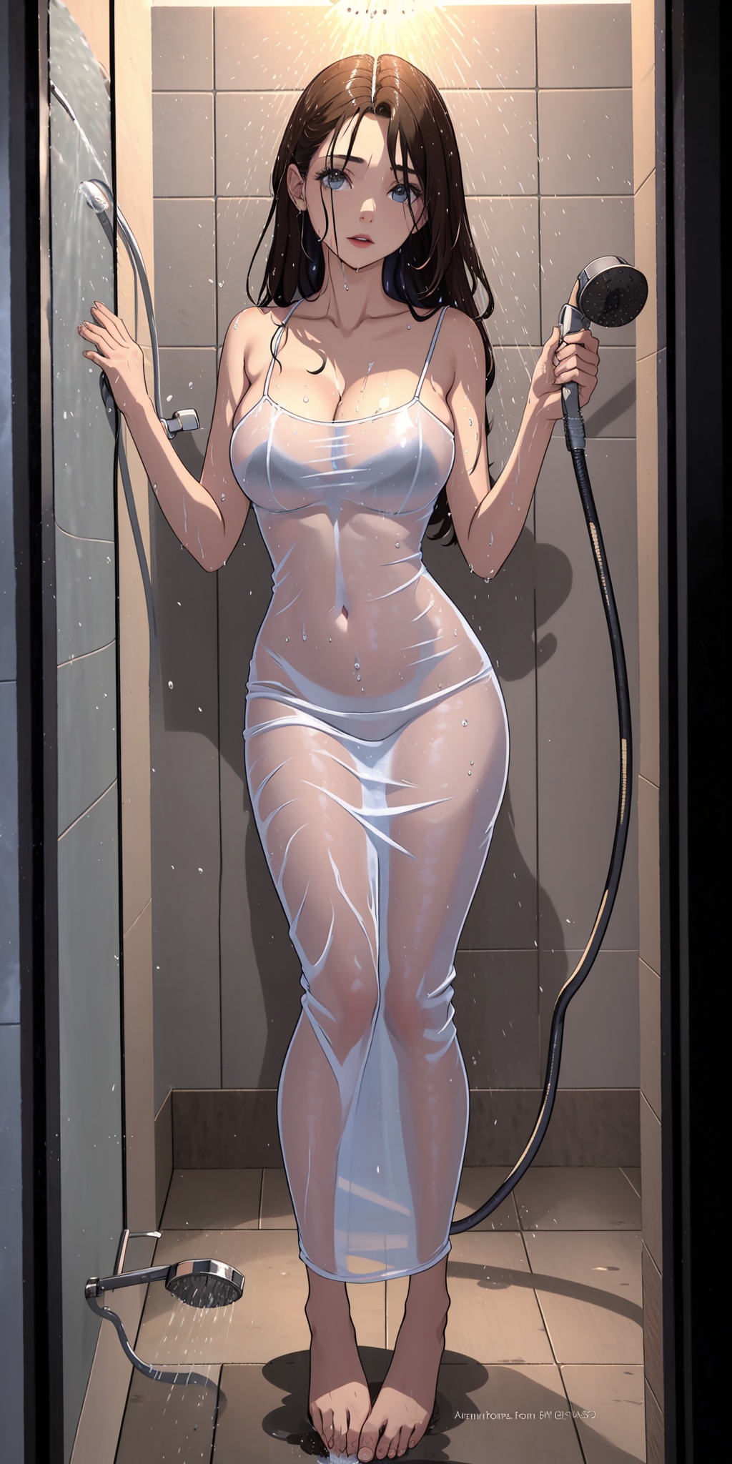 1girl,solo,perfect face,look at viewer,standing,shower head,hand on own chest,large breasts,cleavage,covered nipples,spaghetti strap,white dress,see-through,see-through silhouette,covered navel,barefoot,showering,shower head,water,wet clothes,wet dress,bathroom,masterpiece,best quality,highly detailed,