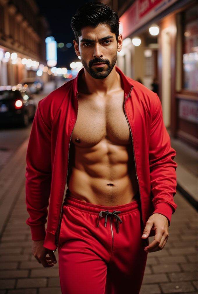 Smaran Sahu ,  realistic photo in a worn ((skin-revealing skimpy erotic red tracksuit,  massive pecs)) on Tensor.Art