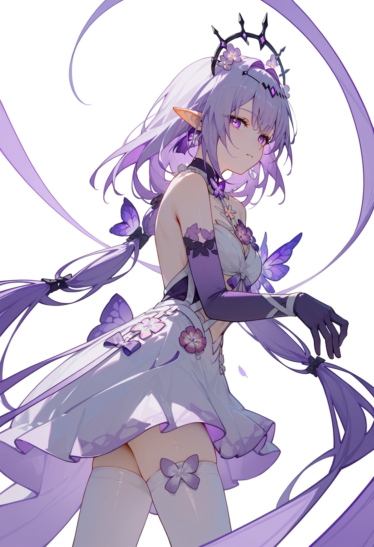 <lora:瑕蝶pony:1>,xiadie,a girl named xiadie,1girl,solo,bare shoulders,white dress,black gloves,purple gloves,elbow gloves,purple flower,white thighhighs,, (score_9,score_8_up,score_7_up),(masterpiece,best quality,high quality:1.2),absurdres, prefect lighting, very aesthetic, anime BREAK