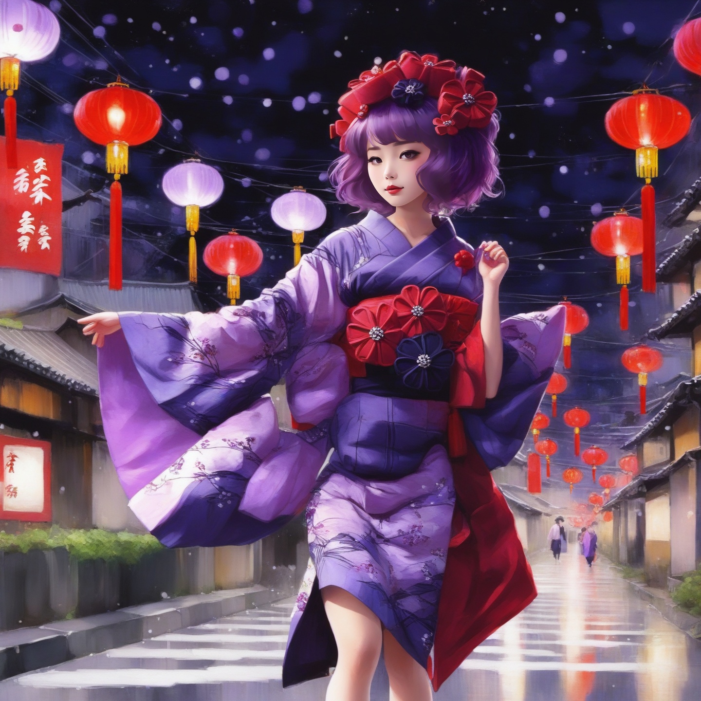 Masterpiece, ultra-detailed, highest quality, <lora:hokusai:1>1girl, katsushika hokusai,Purple hair,Walking down the street at night in a kimono