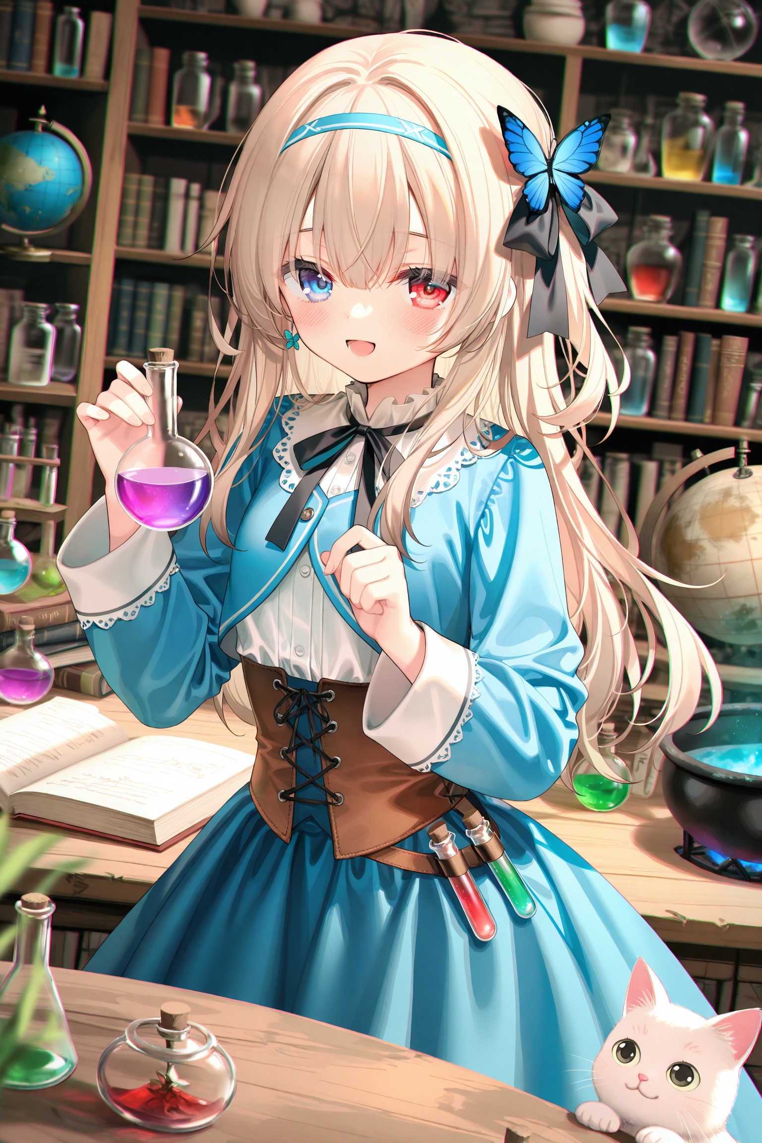 masterpiece,absurdres,best quality,petite,high quality,chromatic_aberration,//,1girl,heterochromia,flask,long hair,cat,solo,open mouth,round-bottom flask,smile,red eyes,test tube,cauldron,potion,blue eyes,:d,shelf,indoors,dutch angle,hairband,book,bookshelf,blonde hair,vial,ribbon,looking at viewer,holding,dress,flower,hair ornament,globe,jar,brown hair,hair ribbon,white cat,desk,jacket,blurry,light brown hair,skirt,corset,bow,liquid,long sleeves,bottle,butterfly,black ribbon,hair bow,cropped jacket,blush,breasts,/,artist:ciloranko,artist:suimya,artist:muririn,artist:peas0125,artist:sho_(sho_lwlw),artist:tianliang_duohe_fangdongye,artist:eip (pepai),artist:rukako,artist:toosaka_asagi,artist:ask(askzy),