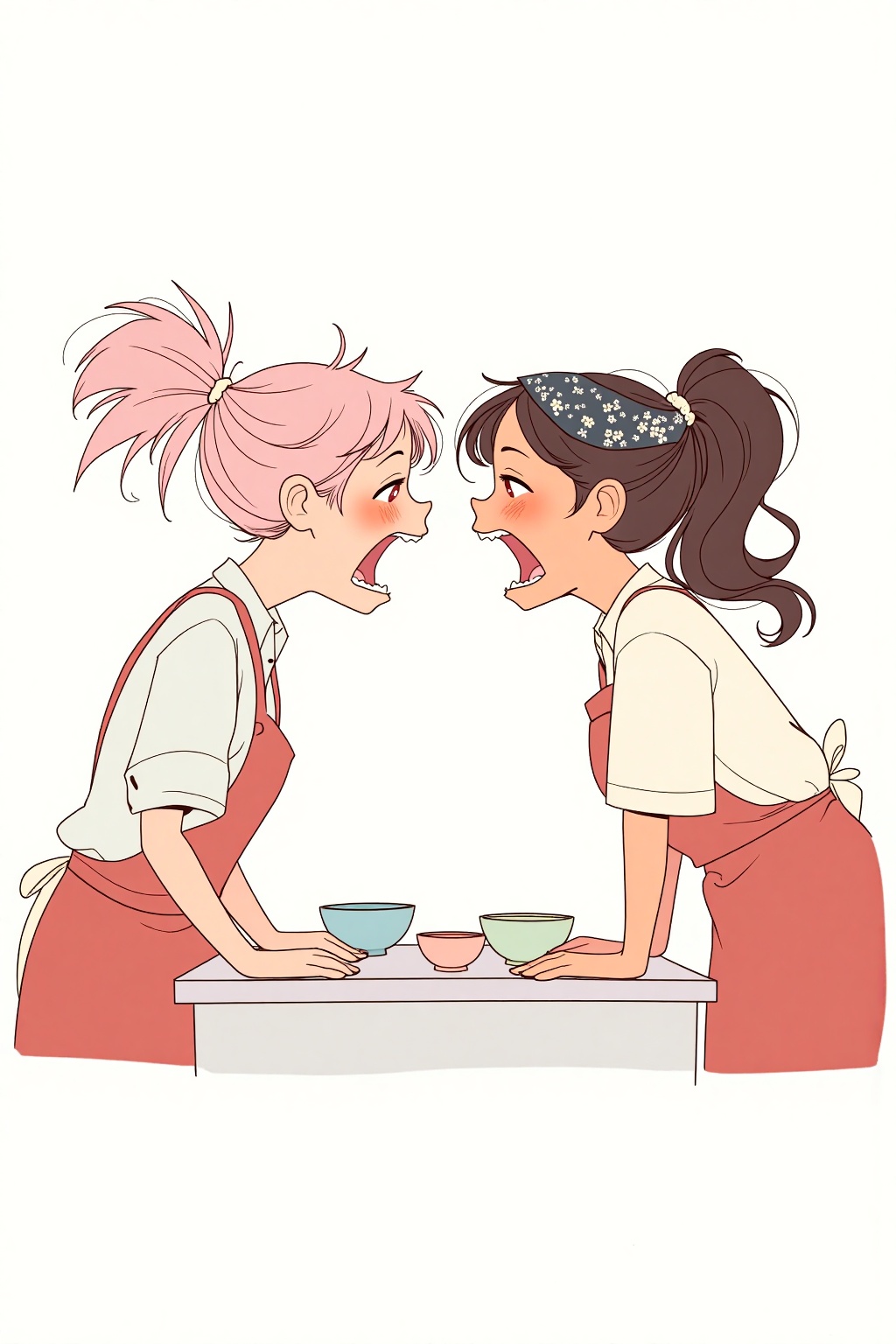 beijihui,A cartoon drawing of two women facing each other with their mouths wide open. The woman on the left is wearing a white shirt and a red apron. Her hair is tied up in a ponytail with a black bandana tied around it. She has a pink bow in her hair. There are three bowls on the table in front of her. There is a white background behind the two women.