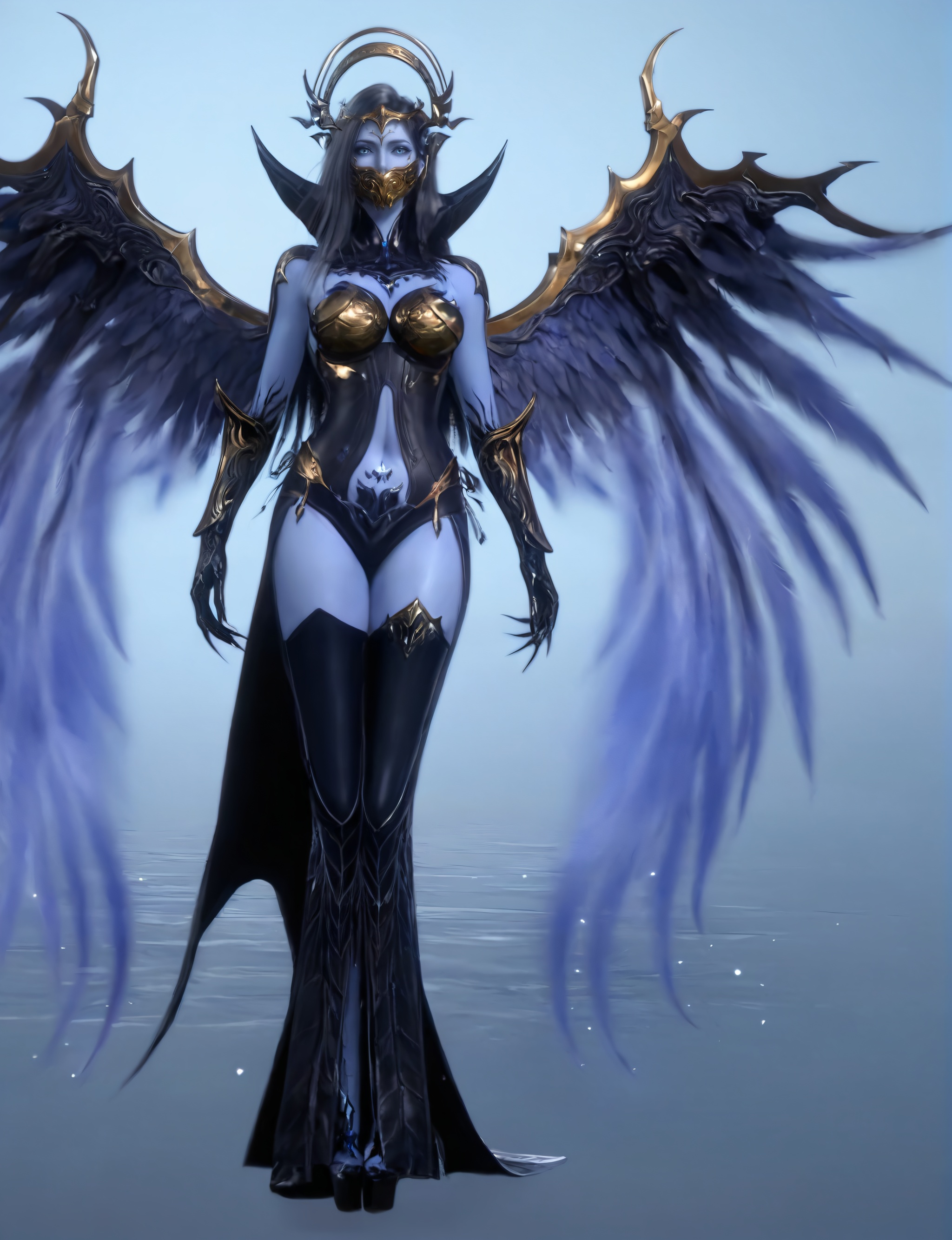 (score_9),<lora:不闻不问-apony:0.85>,bwbw,mouth mask,1girl,solo,<lora:perfect eyes_v1:0.8>,bright pupils,blue eyes,looking at viewer,front view,hair ornament,headpiece,long hair,black hair,metal halo,(feathered wings),blue feathered,demon wings,(black claws),(finger claws),wrist guards,high collar,detached collar,shoulder armor,breastplate,halo,(bikini_armor:1.1),cloak,thigh boots,high heels,full body,standing,collarbone,curvy,glamor,pointy breasts,puffy breasts,arm tattoo,navel,cleavage,groin tendon,simple background,<lora:Expressive_H-000001:0.8>,(colored skin),female,(mature_female:1.1),