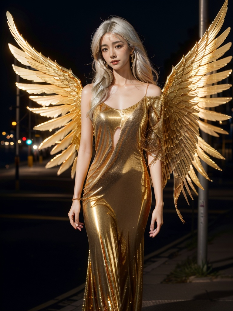 jinyingnvshen,masterpiece,best quality,1girl,exquisite details,set at night by the seaside,white hair,golden wings,jewelry,<lora:jinyingnvshen-000007:0.7>,
