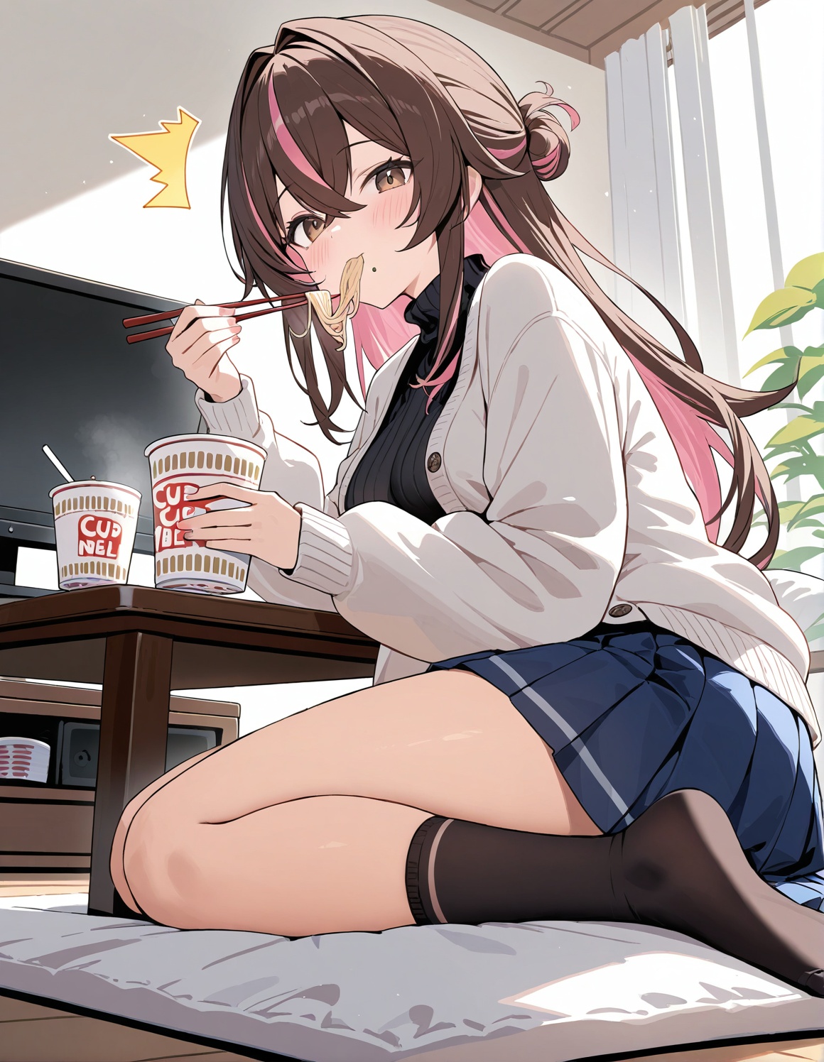 masterpiece,high score,great score,absurdres,1girl,solo,streaked hair,brown hair,socks,chopsticks,sitting,brown eyes,long hair,holding,multicolored hair,open clothes,looking at viewer,^^^,indoors,blush,eating,cup ramen,black socks,skirt,long sleeves,holding chopsticks,blue skirt,food,breasts,sweater,hair between eyes,wariza,open cardigan,open jacket,pleated skirt,blurry,pink hair,table,cardigan,television,nissin cup noodle,turtleneck,black sweater,no shoes,white jacket,virtual youtuber,puffy sleeves,medium breasts,blurry background,black shirt,jacket,from side,food in mouth,shirt,noodles,hair intakes,crossed bangs,plant,sidelocks,