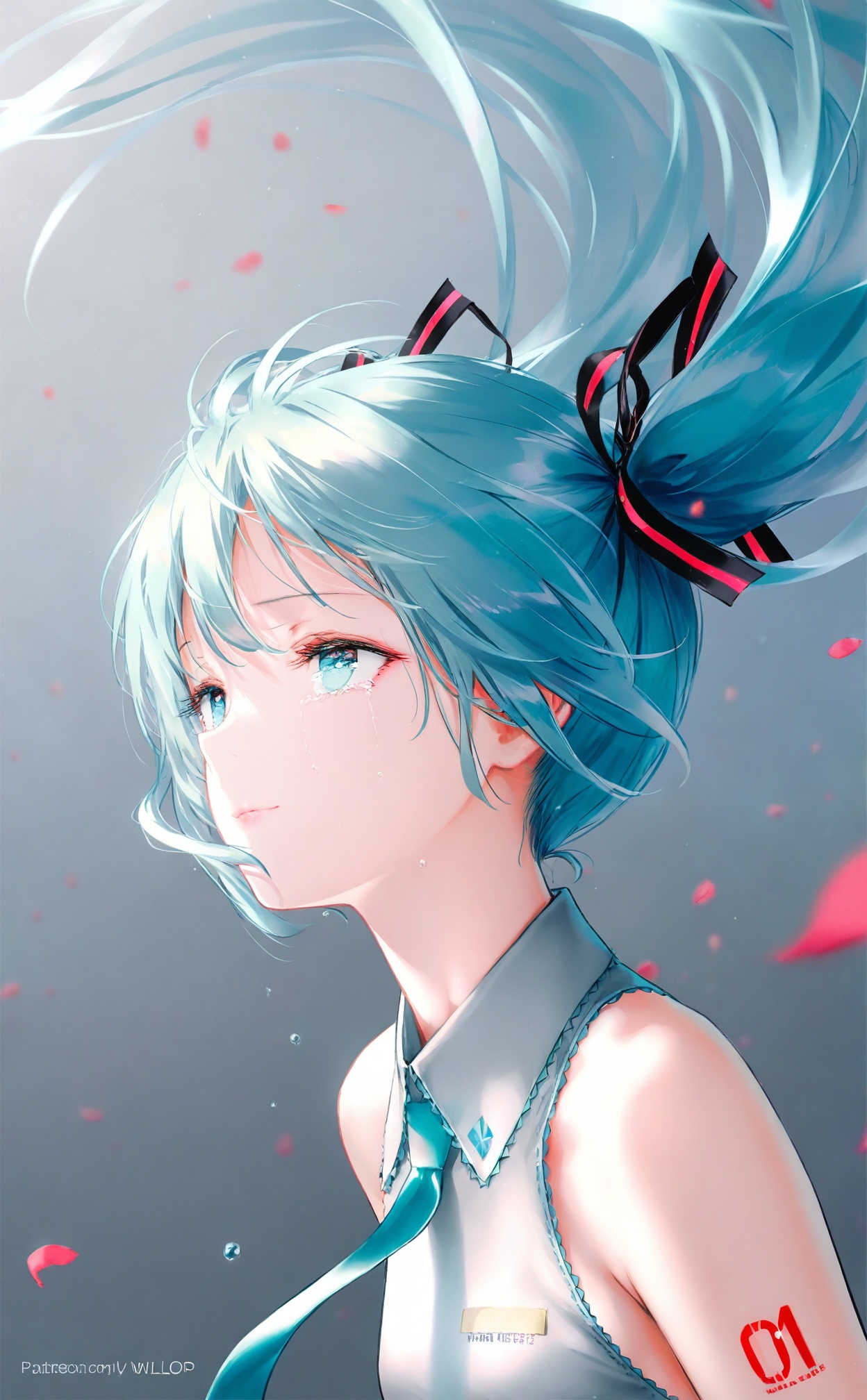 masterpiece,best quality,high quality,loli,Artist:hiten_(hitenkei),artist chen_bin,artist:wanke,(artist:ke-ta:0.6),[Artist:wlop],[[Artist:sheya:0.9]],loli, 1girl, hatsune miku, solo, petals, long hair, twintails, tears, eyelashes, looking up, blurry, shirt, ribbon, aqua hair, depth of field, nail polish, sleeveless shirt, crying, sleeveless, collared shirt, crying with eyes open, aqua nails, closed mouth, bare shoulders, upper body, character name, floating hair, aqua eyes, hair ribbon, close-up, lips, fingernails, light smile, falling petals, black ribbon, blurry background, necktie, looking afar, blue nails, grey shirt, artist name, blurry foreground, white shirt, english text