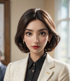 earrings,jewelry,1girl,solo focus,brown hair,looking at viewer,buttons,blurry,realistic,brown eyes,blurry background,lips,upper body,shirt,red lips,suit,white shirt,closed mouth,(black suit),lipstick,makeup,depth of field,big head,white skin,indoors,masterpiece,best quality,8k,insane details,intricate details,high detail,((masterpiece)), ((best quality)),