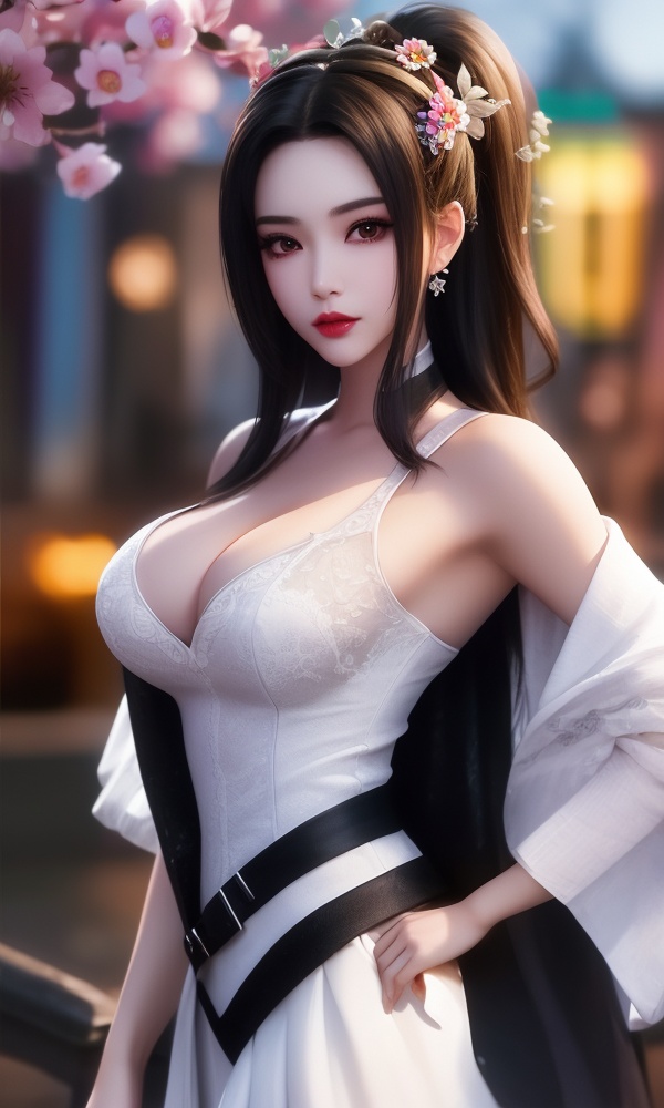 (,1girl, ,best quality, ),looking at viewer, <lora:411-DA-太一剑仙传-季师师:0.8> ,ultra detailed background,ultra detailed background,ultra realistic 8k cg, , ,masterpiece, (( , )),, ultra realistic 8k cg, ,      ,lily \(flower\) ,full moon ,strawberry blossoms      (cleavage), (), blurry, depth_of_field, blurry_background, 1girl, blurry_foreground, black_hair, mole, solo, lips, motion_blur, nose, makeup,