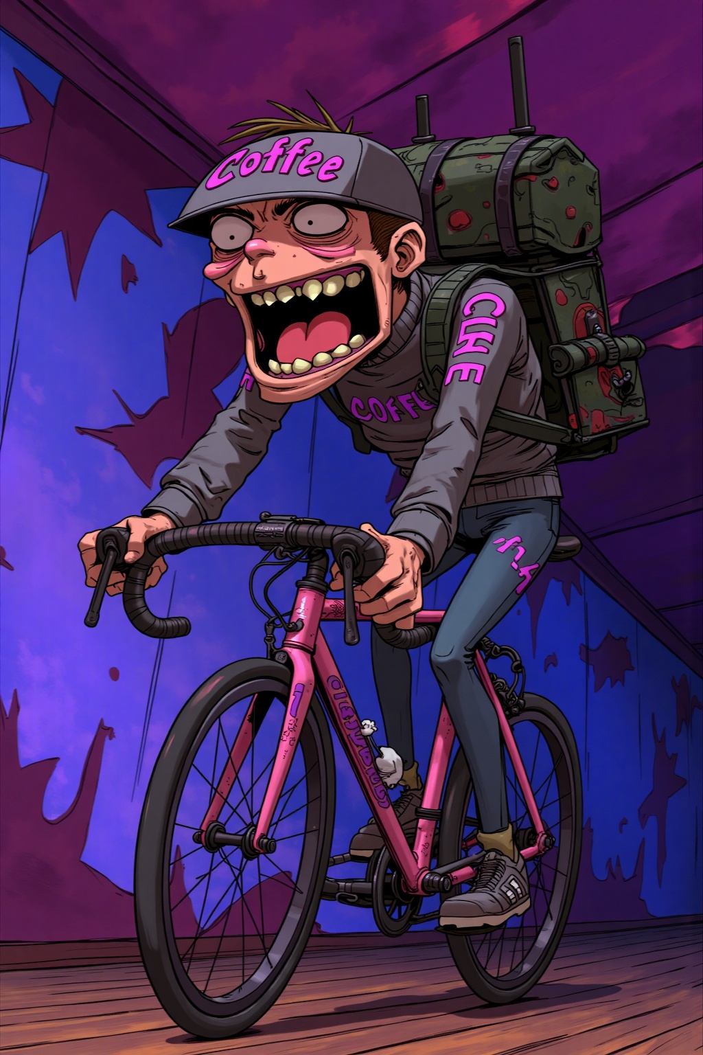 beijihui,A cartoon drawing of a man riding a pink bicycle. The man is wearing a gray cap with the word "Coffee" written on it in purple letters. His mouth is open wide and his teeth are sharp. He is holding the handlebars of the bicycle with his right hand. The bicycle is on a wooden floor. Behind the man is a wall that is purple and blue.