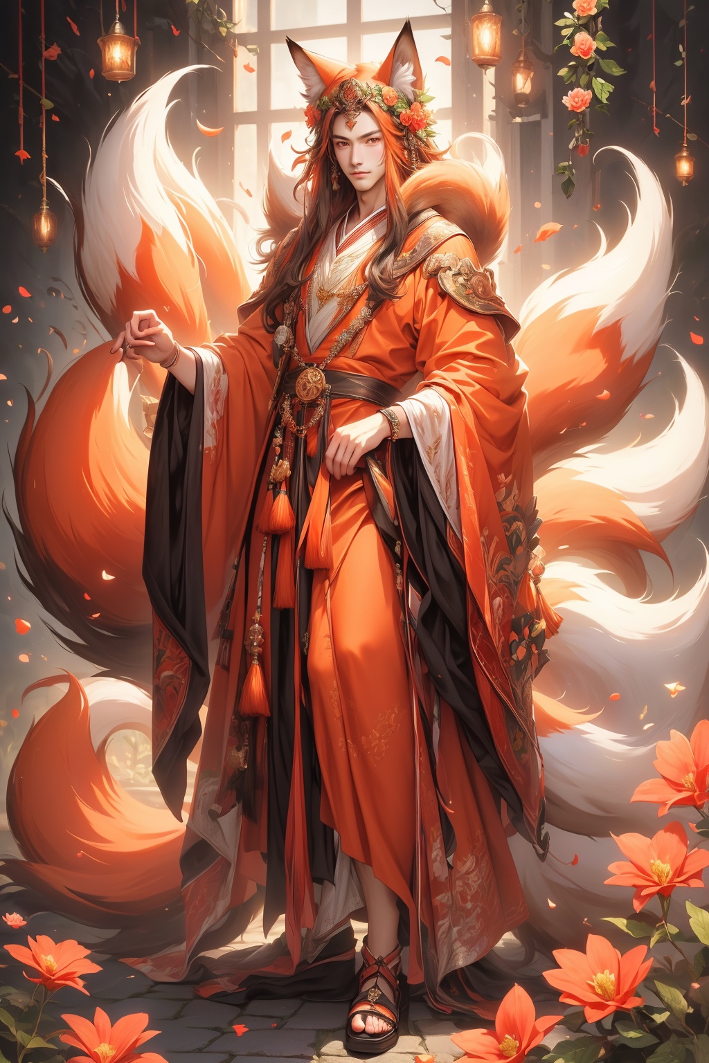 (masterpiece, top quality, best quality, official art, beautiful and aesthetic:1.2),1man,handsome,male focus,orange nail tails,fox ear,full body,front view,flowers,super realistic,super details <lora:狐女-000003:0.8>