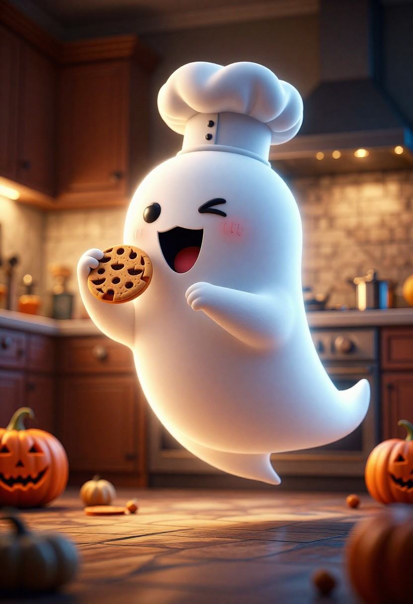 tot_halloween,  a cute funny ghost sneaking into a kitchen at night,  wearing a tiny chef hat on Tensor.Art