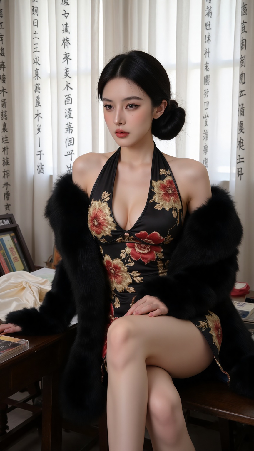 A stunning beauty bears a striking resemblance to Fan Bingbing,  dressed in a tight black cheongsam adorned with extremely...