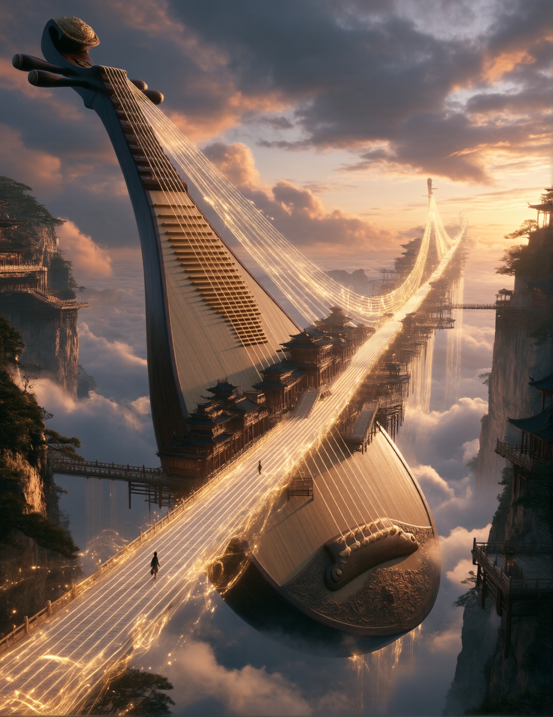 A gigantic bridge shaped like an ancient Guqin (zither) spans across a deep canyon between two floating islands. The strin...