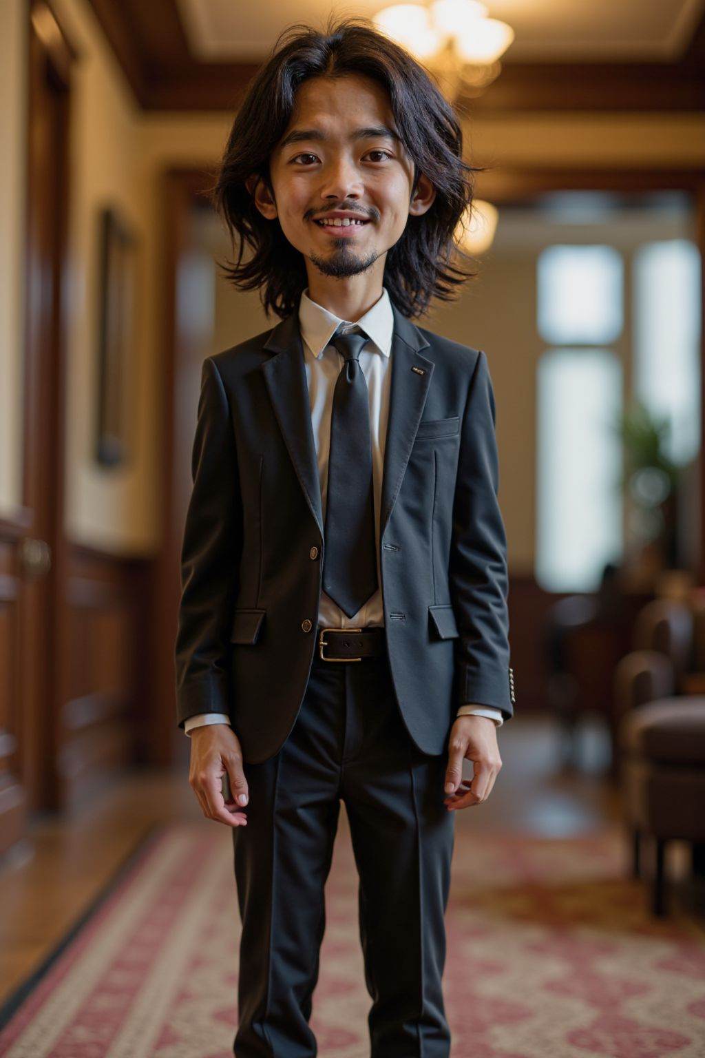HDR photo of cinematic film still solo, long hair, looking at viewer, smile, shirt, black hair, long sleeves, 1boy, standing, jacket, full body, white shirt, male focus, necktie, shoes, collared shirt, pants, indoors, black footwear, blurry, black jacket, blurry background, facial hair, black pants, formal, suit, wing collar, black necktie, beard, realistic, mustache, arms at sides, old, chibi, man, old man, . shallow depth of field, vignette, highly detailed, high budget, bokeh, cinemascope, moody, epic, gorgeous, film grain, grainy . High dynamic range, vivid, rich details, clear shadows and highlights, realistic, intense, enhanced contrast, highly detailed