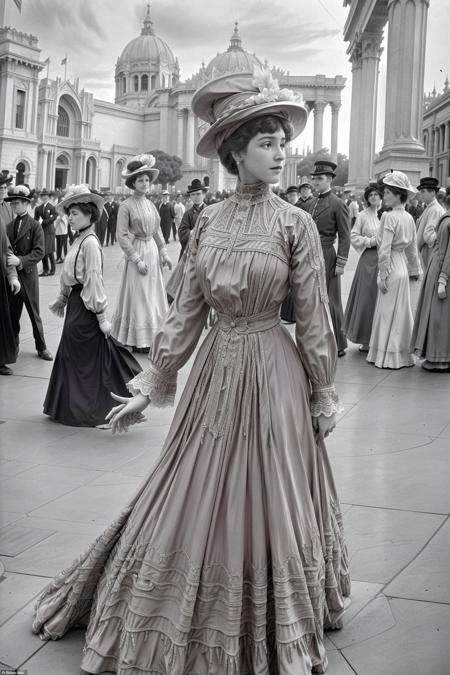 vintage color photograph of a beautiful woman wearing a dress and a hat at the Panama Pacific International Exposition in...