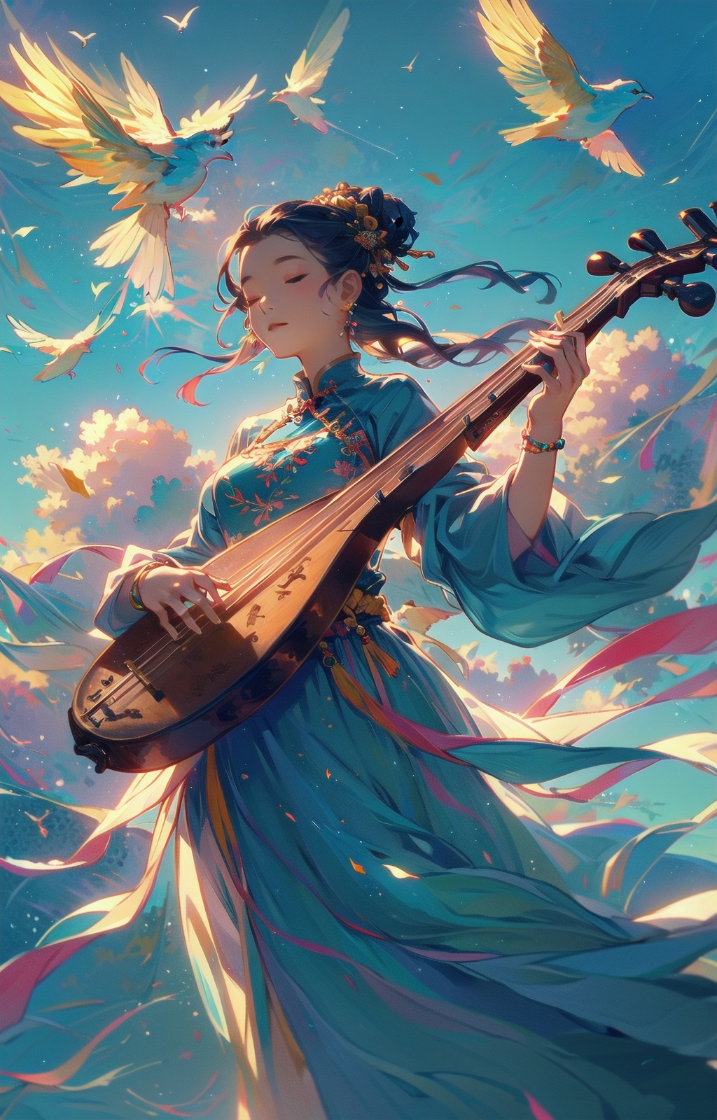 1girl,bird,instrument,jewelry,bracelet,cloud,chinese clothes,long hair,sky,dress,playing instrument,solo,earrings,blue dress,day,hair ornament,outdoors,closed eyes,hair bun,