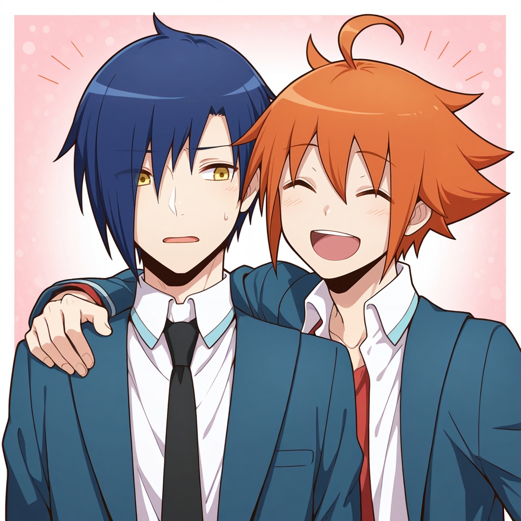 masterpiece,best quality,amazing quality,sora kashiwagi,tazuki kamiya,smile,open mouth,yellow eyes,blue hair,closed eyes,ahoge,male focus,:d,multiple boys,necktie,2boys,hair over one eye,orange hair,sweatdrop,^ ^,eyes visible through hair,blazer,hand on another's shoulder,arm around shoulder,white collared shirt,red shirt,black necktie,<lora:Sora_Kashiwagi_V2:1>,