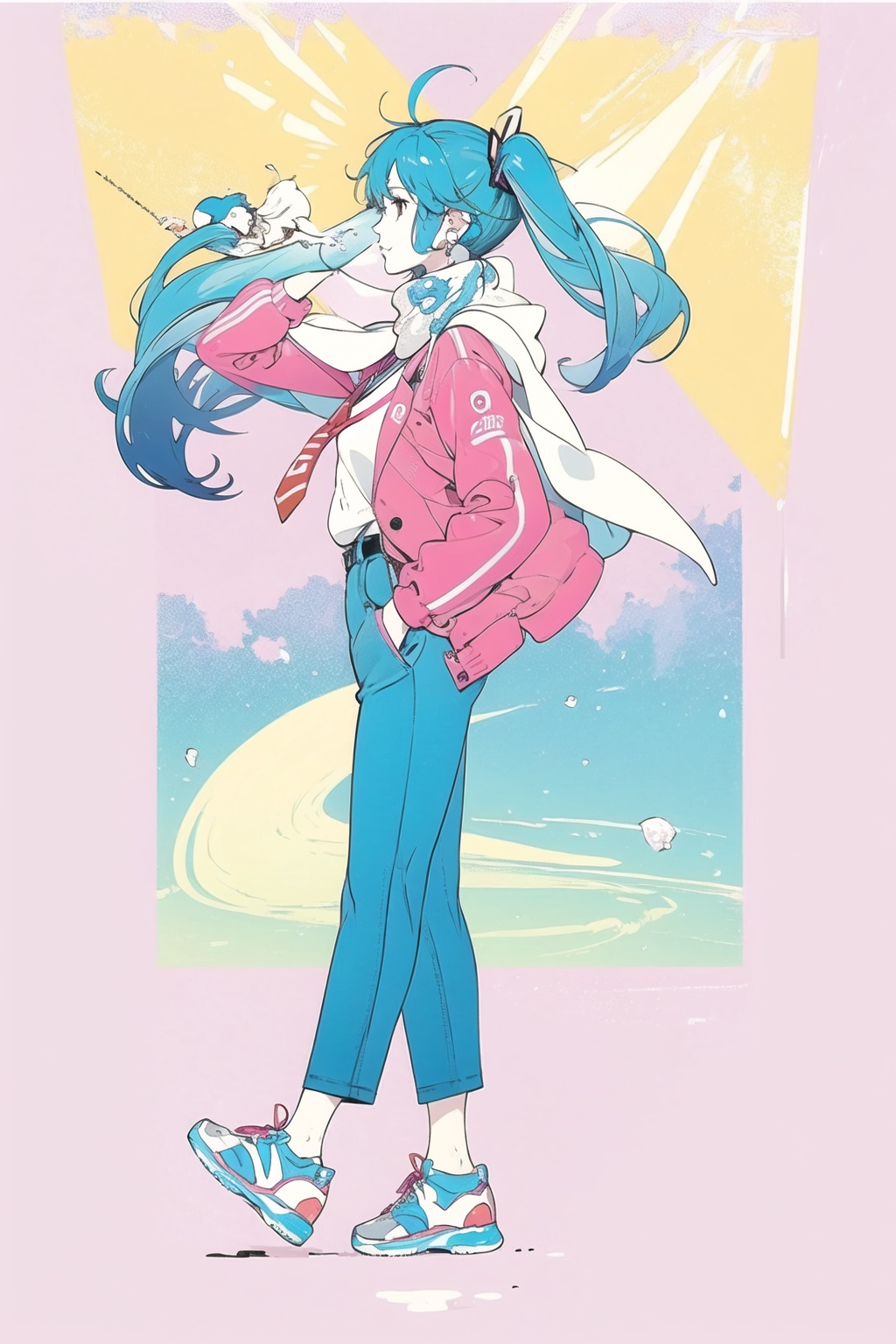 pants,shoes,multiple girls,jacket,white ascot,ascot,shirt,necktie,blue jacket,multiple boys,bangs,fruit,magatama,jewelry,long sleeves,food,brown hair,spiked hair,standing,red necktie,pointing,apple,closed mouth,sidelocks,formal,suit,open clothes,long hair,earrings,holding,outstretched arm,forehead,whip,book,sun,bug,sparkle,black eyes,open book,green jacket,red jacket,rope,scarf,full body,necklace,gem,smile,arm up,happy,hand up,magatama necklace,open jacket,red background,from side,mole,kimono,butterfly,building,3girls,bird,japanese clothes,weapon,aqua hair,crescent,<lora:NakamuraV2:1>,(simple background:1.2),<lora:mikuhatsunetest:1>,miku hatsune,solo,(1girl:1.2),instrument,ahoge,aqua eyes,(aqua hair:1.2),crossed bangs,hair between eyes,(long hair:1.1),(twintails:1.1),(looking_at_viewer:1.2),front view,full_shot,, masterpiece,best quality,highres,ultra high res,(abstract art:1.2),2d,(highlydetailed),(colorful),(intenseexpression),(fashionable),