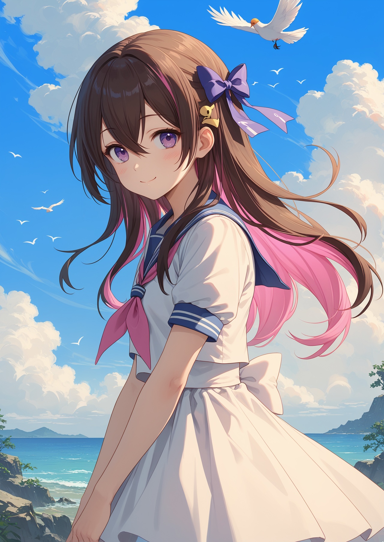 score_10,score_9,score_8_up,score_7_up,1girl,purple eyes,pink hair,multicolored hair,colored inner hair,solo,dress,long hair,looking at viewer,hair ornament,white dress,bird,streaked hair,smile,blush,sailor collar,neckerchief,outdoors,sky,short sleeves,closed mouth,black hair,blue sky,from side,hair between eyes,brown hair,cloud,hair bow,