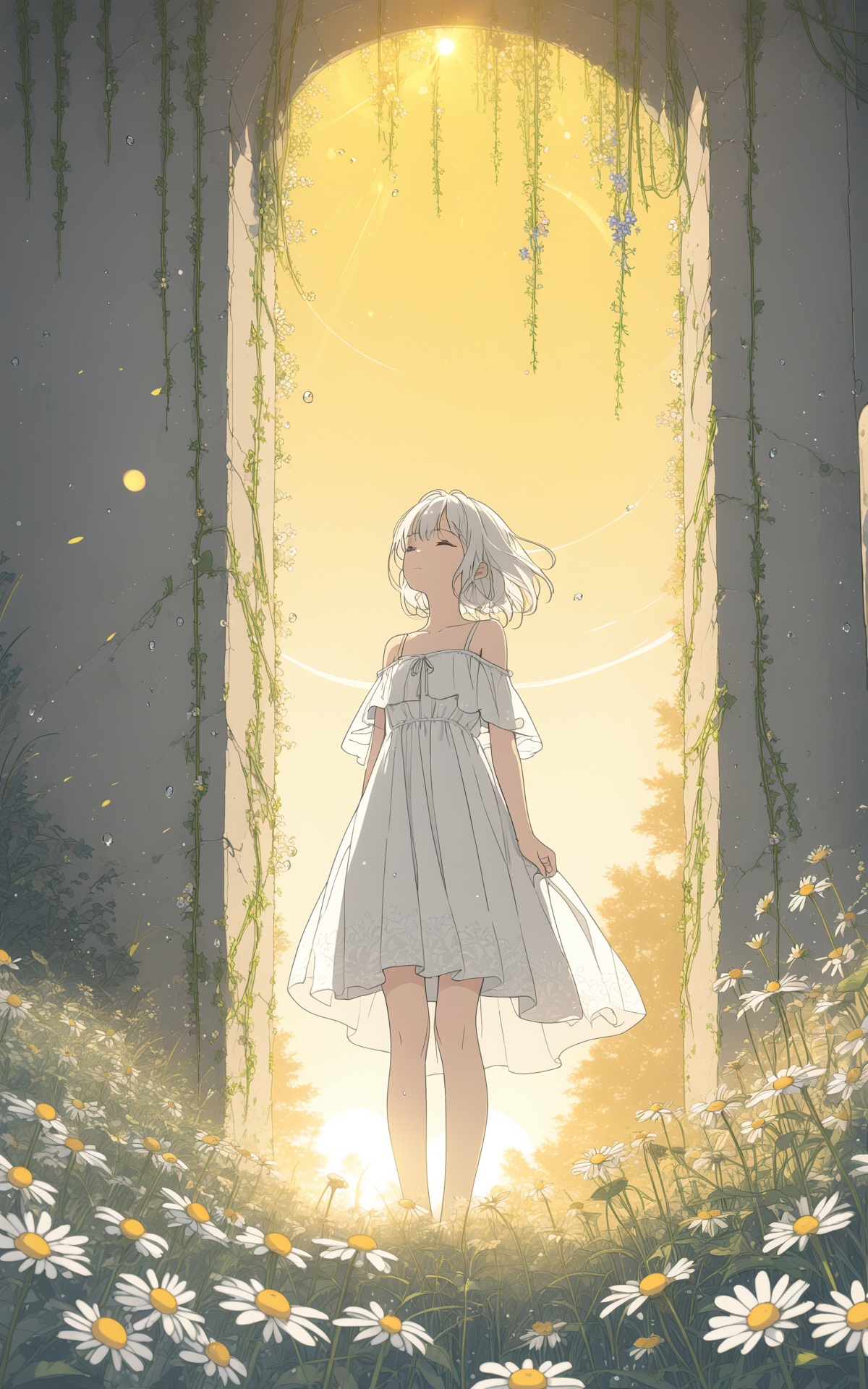 (masterpiece), (best quality), illustration, ultra detailed, hdr, Depth of field, (colorful), yellow theme, the setting sun, Chamomile, Chamomile, cornflower, vines, forest, ruins, lens flare, hdr, Tyndall effect, damp, wet, 1girl, bare shoulders, broken glass, broken wall, white hair, white dress, closed mouth, constel lation, flat color, braid, blinking, white robe, float, closed mouth, constel lation, flat color, looking up, standing, medium hair, standing, solo,