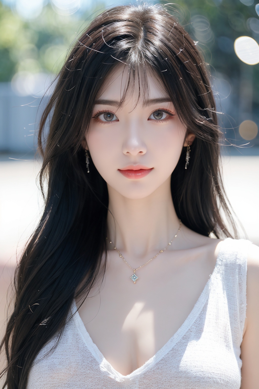 1girl, black hair, blurry, blurry background, bokeh, depth of field, jewelry, lens flare, lips, long hair, looking at viewer, necklace, outdoors, sleeveless, solo <lora:美女:0.8>
