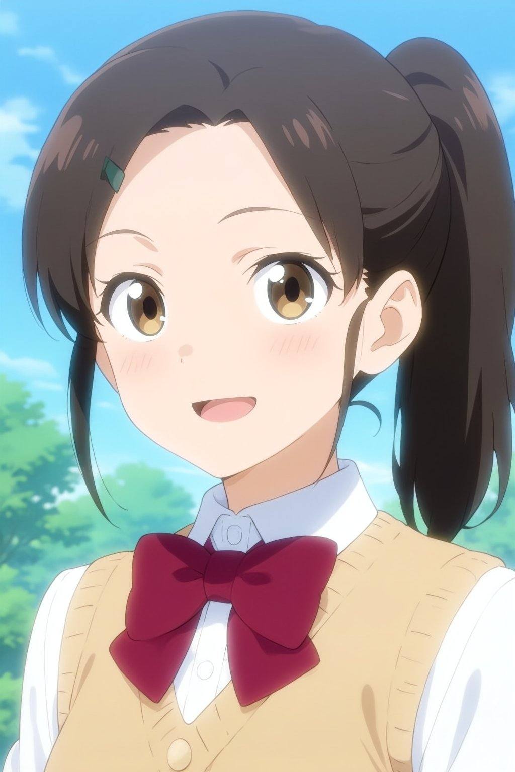 An anime-style portrait of a young Asian female,  appearing to be in her late teens,  with fair skin and dark brown hair n...