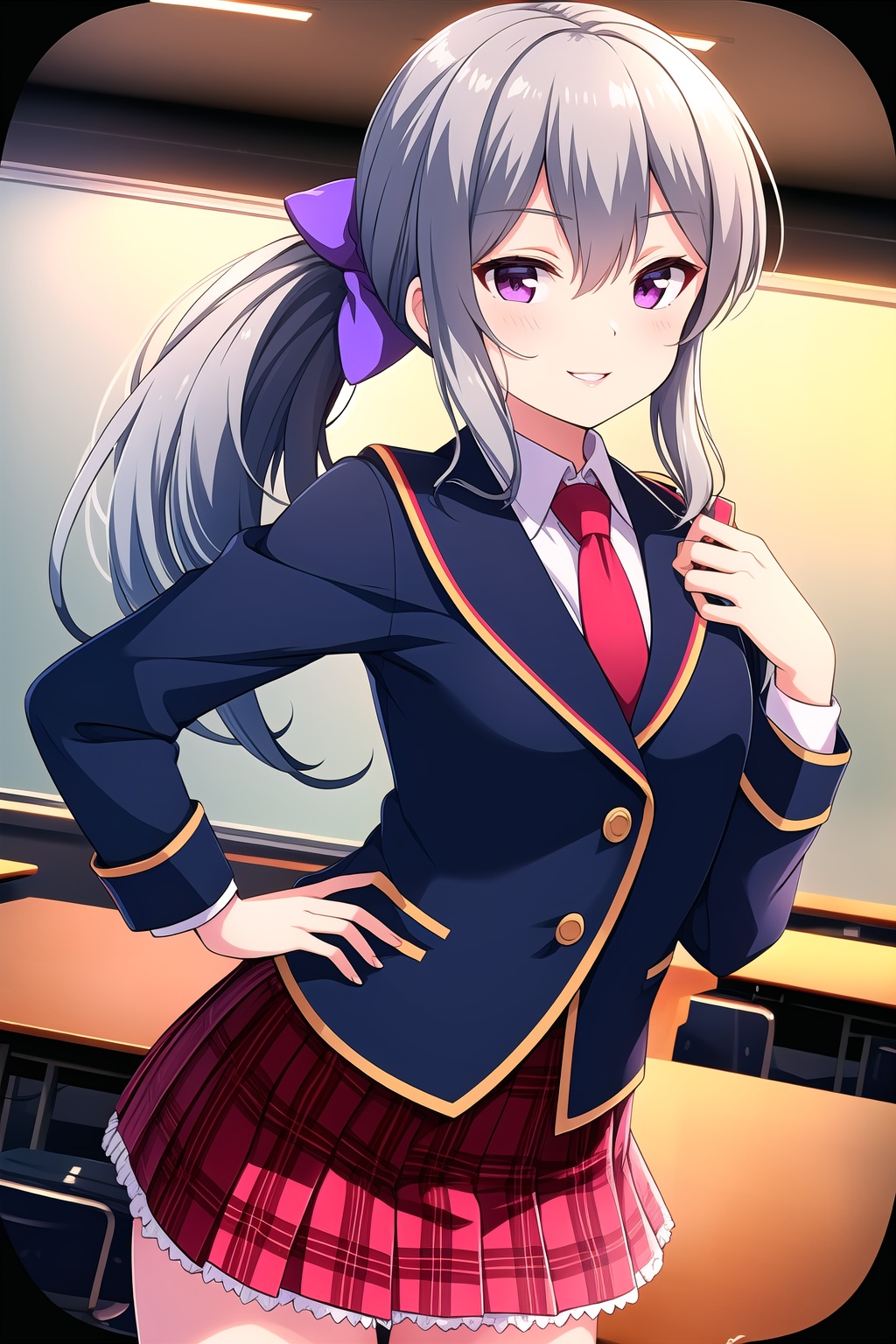 (masterpiece, best quality), highly detailed background, perfect lightingbest quality, shigetoakiho, solo, indoors, classroom, grey hair, low ponytail, purple bow, hair bow, hair between eyes, very long hair, purple eyes, small breasts, blue jacket, blazer, red necktie, white shirt, left hand on hip, right hand up, red skirt, plaid skirt, school uniform, smile, closed mouth, parted lips, pink lips, <lora:Shigeto-Akiho:0.7>