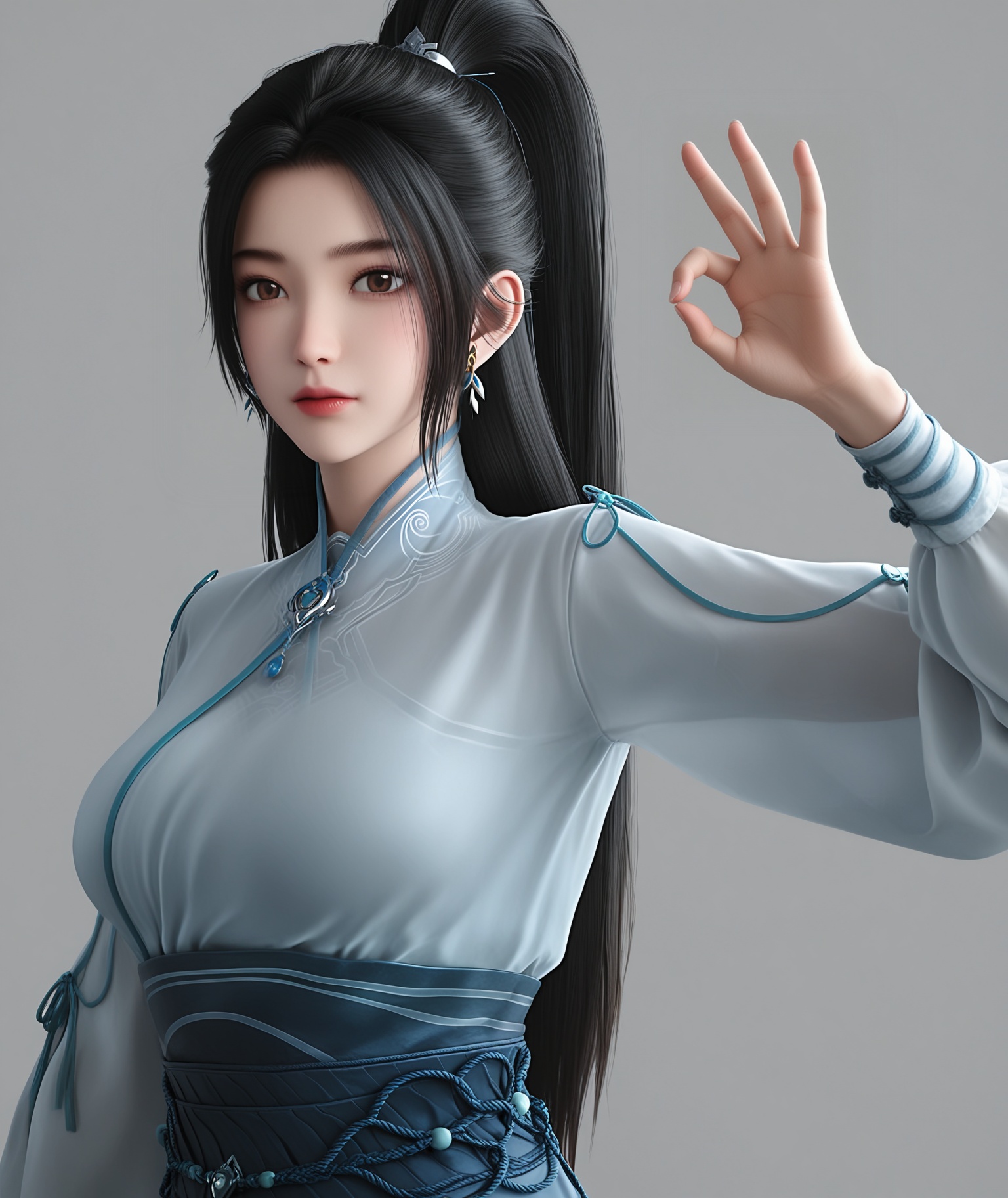 (score_9),masterpiece,best quality,absurdres,highres,BREAKwhite_skin,(fair_skin:1.1),<lora:宁姚-ill:0.85>,ningyao,1girl,solo,long hair,black hair,ponytail,jewelry,earrings,brown eyes,light blush,chinese clothes,sash,collarbone,(large breasts),puffy chest,looking at viewer,happy_birthday,happy_new_year,front view,(upper body),(ok_sign:1.1),BREAKsimple background,Tyndall effect,Cinematic Lighting,Volumetric Lighting,