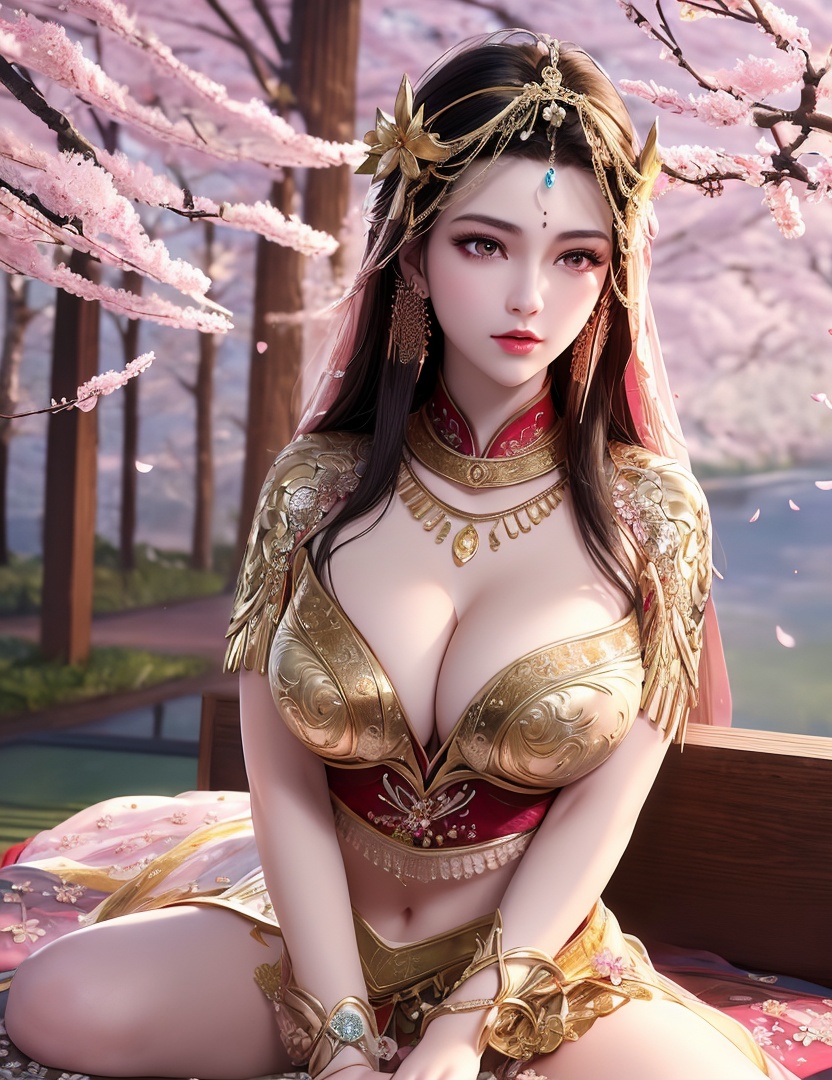 ultra realistic 8k cg, picture-perfect face, flawless, clean, masterpiece, professional artwork, famous artwork, cinematic lighting, cinematic bloom, perfect face, beautiful face, fantasy, dreamlike, unreal, science fiction,   lace, lace trim, lace-trimmed legwear, luxury, jewelry, diamond, gold, pearl, gem, sapphire, ruby, emerald, intricate detail, delicate pattern, charming, alluring, seductive, erotic, enchanting, hair ornament, necklace, earrings, bracelet, armlet,halo,autumn,((,1girl, pov,))  , ((((1girl, solo,outdoors, large breasts, cherry blossoms, ))))  <lora:DA_MuQingQing:0.6>