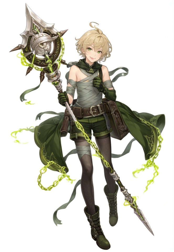 (best quality), ((masterpiece)), (highres), illustration, original, extremely detailed,   <lora:死の爱丽丝:0.7>1boy, male focus, solo, full body, green eyes, polearm, looking at viewer, boots, belt, spear, weapon, gloves, white background, chain, bandages, shorts, tongue, smile, tongue out, staff, pantyhose, blonde hair, holding polearm, holding, simple background, ahoge