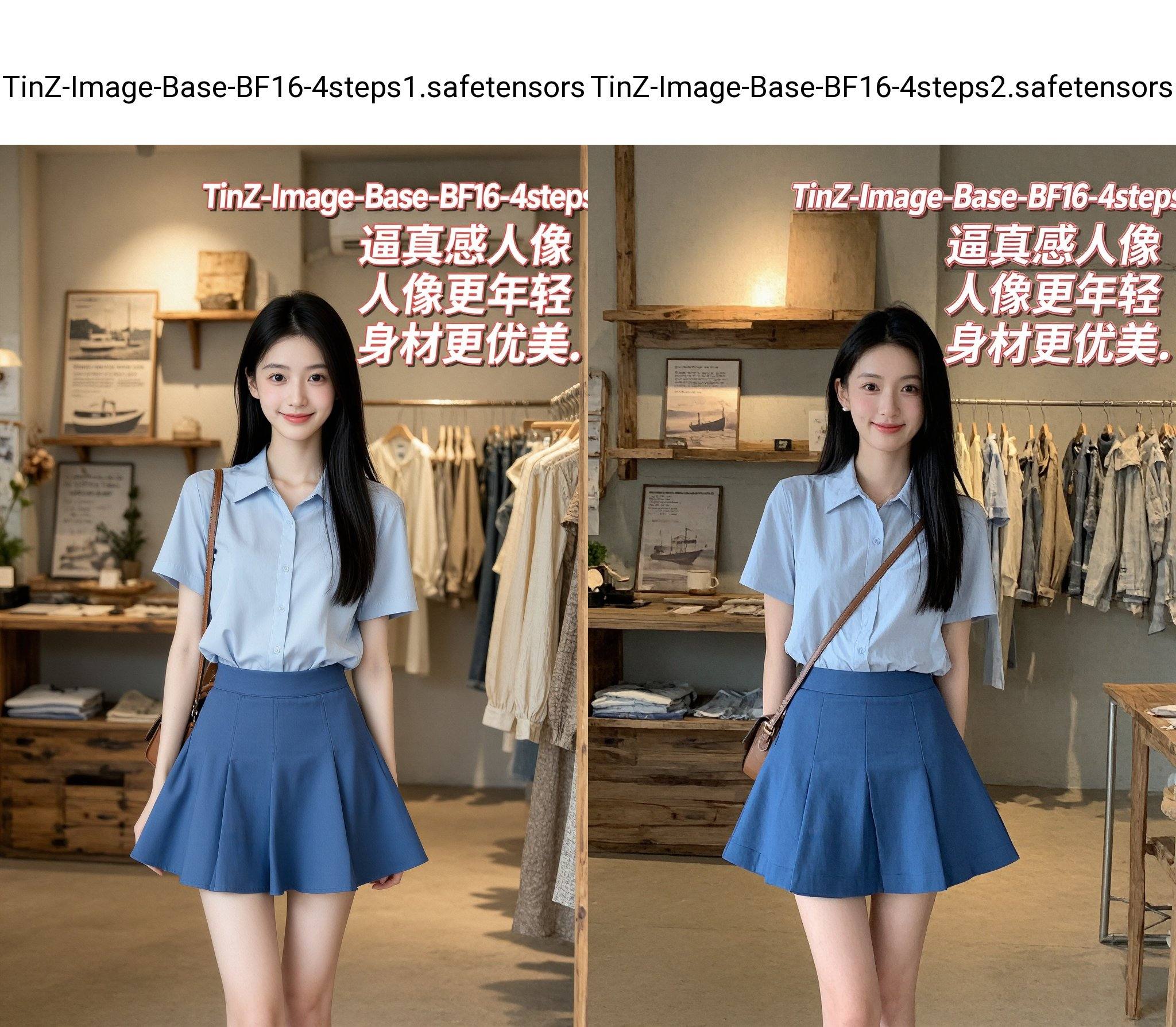 这是一张高分辨率照片，照片中一位东亚女性，脸带一点点笑容站在室内，很可能是在一家商店或精品店里。她有着黑色的长直发、白皙的皮肤和娇小的身材。她身穿一件简洁的浅蓝色短袖衬衫，衬衫下摆塞进一条高腰的蓝色百褶短裙里，裙摆略微外扩。衬衫的领口比较保守，她斜挎着一个棕色单肩包。她的妆容很淡，以自然色调为主，表情也很自然。背景中有一个木质置物架，上面摆放着各种物品，包括女装外套和衬衫，其中一些挂在挂钩上。置物架左侧可以看到一幅装裱好的海报，上面有文字和一艘船的图像。柔和温暖的灯光营造出一种舒适的氛围。房间的装饰风格融合了现代和乡村元素，木质置物架和温暖的灯光与她现代风格的服装形成了对比。整体氛围营造出一种休闲又不失时尚的购物环境。图片右上角四行标注,标注用红色文字,红色文字带白色细边,文字右边对齐,第一行“TinZ-Image-Base-BF16-4steps”；第二行“逼真感人像”；第三行“人像更年轻”；第四行“身材更优美.文字和人像保持一点距离.