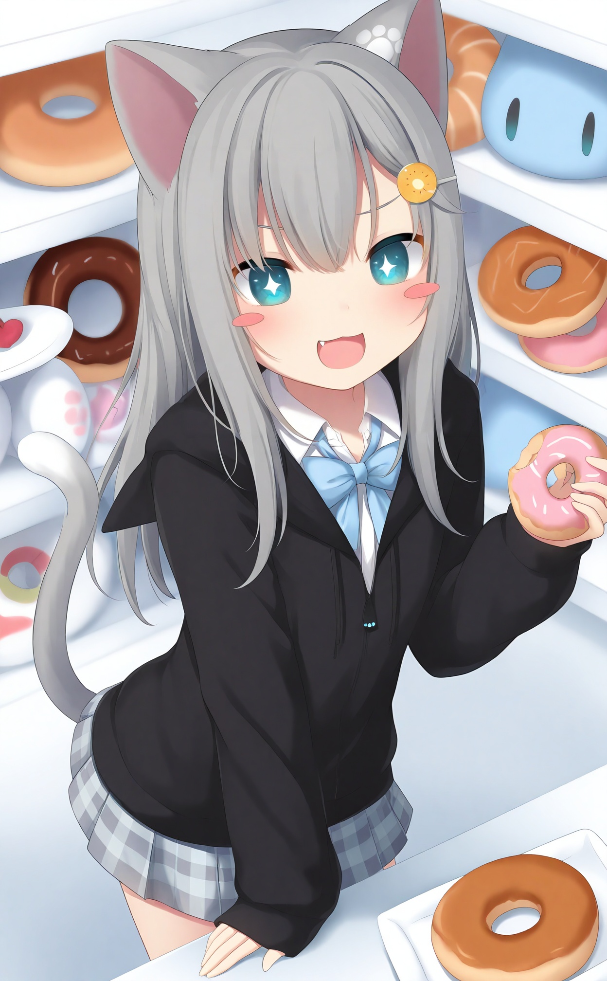 masterpiece,absurdres,best quality,loli,petite,high quality,chromatic_aberration,//,1girl, animal_ears, tail, hair_ornament, hood, blush_stickers, cat_ears, skirt, blurry_foreground, doughnut, +_+, grey_hair, cat_tail, shirt, hood_down, pleated_skirt, food, depth_of_field, white_shirt, !, sleeves_past_wrists, long_hair, hairclip, hooded_jacket, collared_shirt, dress_shirt, smile, solo, blue_eyes, blurry, hair_between_eyes, black_jacket, blue_bow, :d, fang, cat_girl, white_background, long_sleeves, bow, grey_skirt, food-themed_hair_ornament, jacket, plaid, open_mouth, sparkling_eyes, very_long_hair, blush, plaid_skirt, v-shaped_eyebrows, blue_skirt, from_above, arm_support, drawstring, standing, animal_hood//,//,<lora:gancheng——【noob】hans:0.88>,