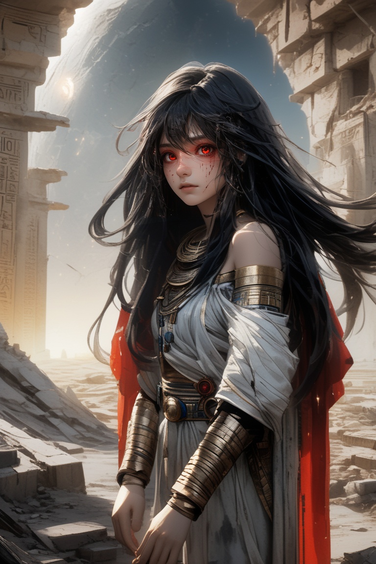 medium long shot,shining the light,pyramid,cinematic,masterpiece,best quality,best quality,Amazing,finely detail,Depth of field,extremely detailed CG unity 8k wallpaper,masterpiece,full body,Blood fog,floating hair,light shafts,soft focus,character focus,disheveled hair,long bangs,looking at viewer,lowing hair,floating,Long hair,black hair,red eyes,1girl,ancient egyptian clothing,off shoulder,by side,feeling of ruins,gray background,broken details,tears,lonely,despair,Cosmic wormhole on right hand,astronaut sticks his head out of a wormhole,wasteland,<lora:XLChinese wasteland:0.8>,