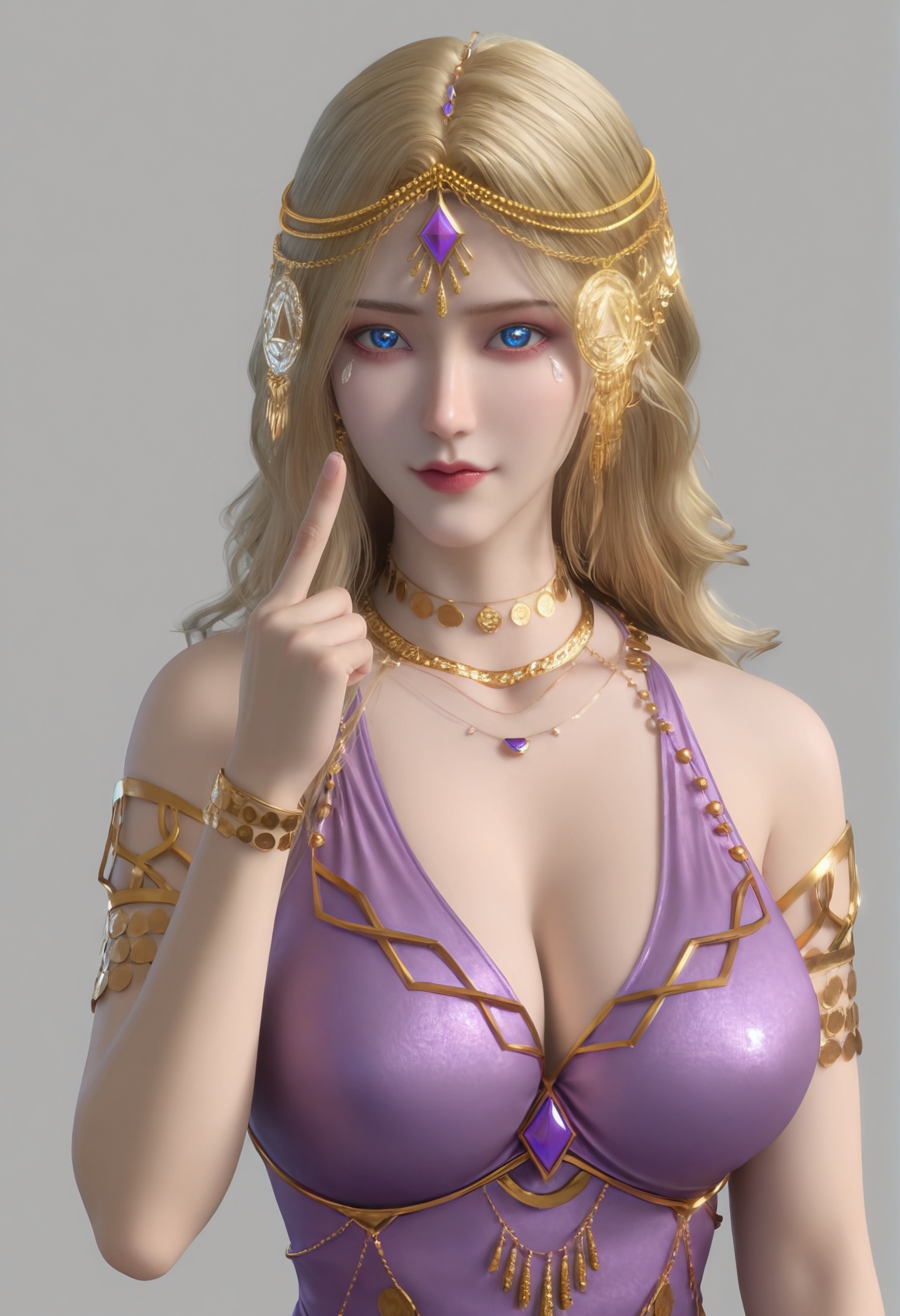 (score_9),<lora:卡丹1-Apony:0.83>,kardan,(mature_female),solo,blonde hair,long hair,hair ornament,jewelry,necklace,forehead jewel,head chain,gem,armlet,bracelet,purple dress,<lora:perfect eyes_v1:1>,blue eyes,looking at viewer,front view,light blush,bright pupils,<lora:Expressive_H-000001:0.8>,(middle_finger),hand_gesture,(pointing_at_viewer),upper body,collarbone,pointy breasts,puffy breasts,large breasts,simple background,grey background,<lora:皮肤凹痕:1.2>,