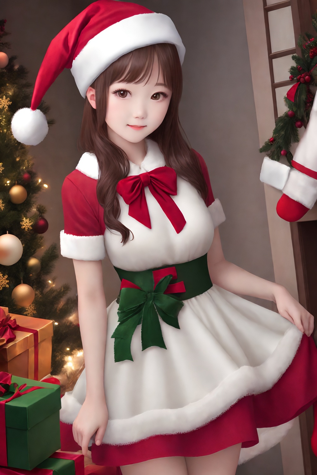 christmas dress,1 girl,standiong,<lora:圣诞裙子-000002:1>,