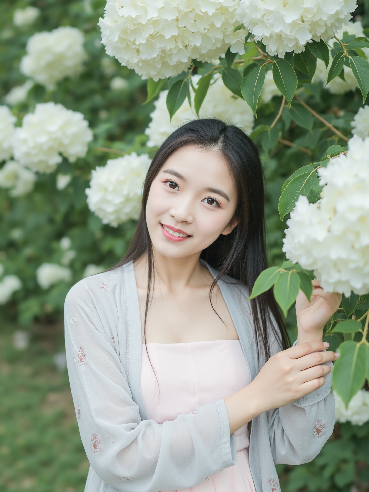 This is a high-resolution photograph of a young East Asian woman in her twenties, with straight, long black hair and a fair complexion. She is standing outdoors, surrounded by lush, blooming white lilac bushes. The woman is wearing a light pink, sleeveless top and a sheer, light grey cardigan with a subtle floral pattern. She has a gentle, serene expression on her face, with her head slightly tilted, and is smiling softly. Her right hand is gently holding a branch of the lilac bush, while her left hand is resting on her side. The background is a blur of green leaves and white flowers, creating a serene and natural ambiance. The overall mood of the photograph is calm and tranquil, with a focus on the delicate beauty of the woman and the blooming flowers.