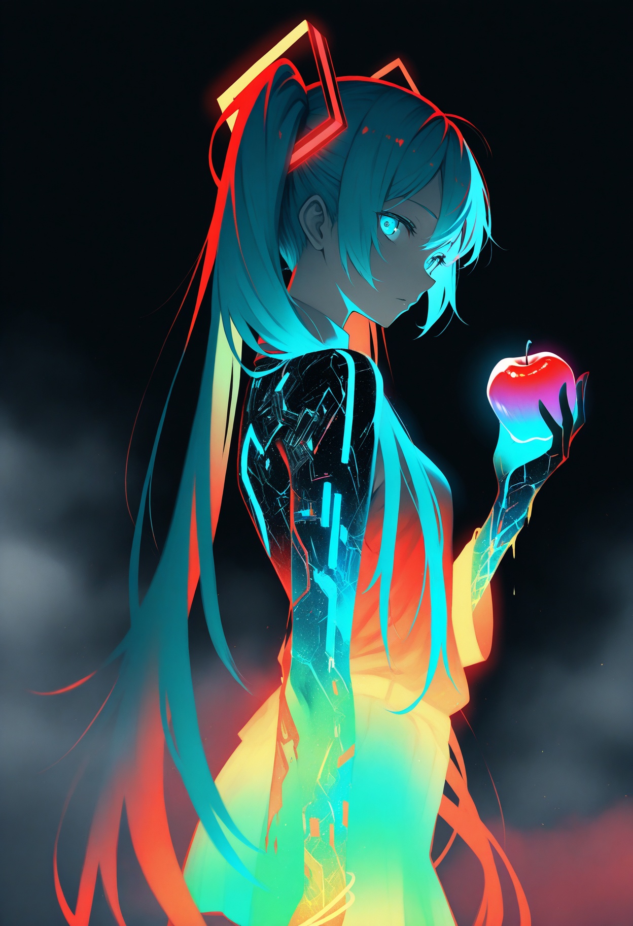 masterpiece, best quality,Hatsune Miku,limited palette,black background,colorful,vibrant,glowing outline,neon,blacklight,looking at viewer,apple,fog,from_side,